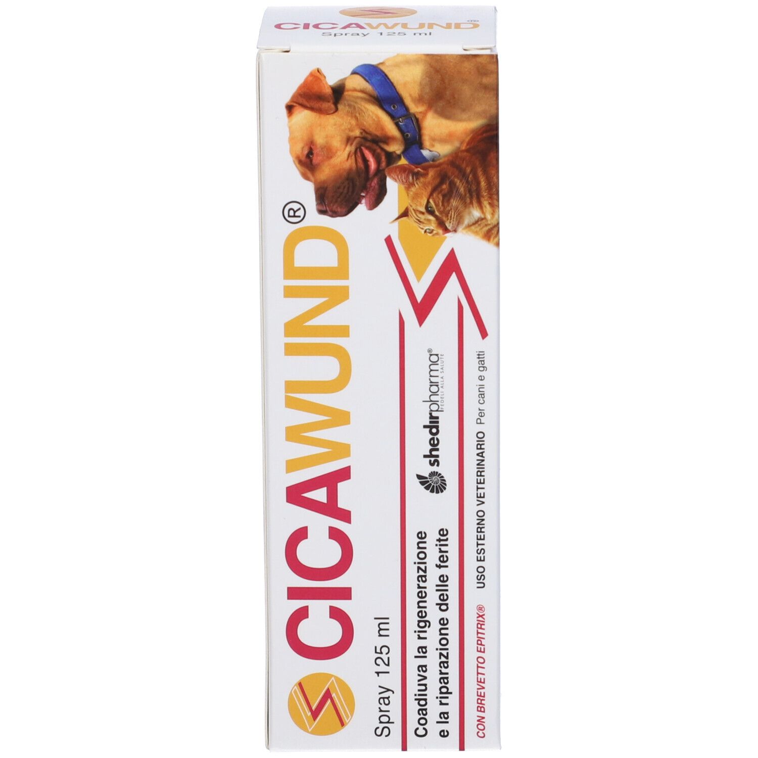 Confezione del prodotto. Scritta: CICAWUND. Contiene 125 ml. Con cane e gatto.