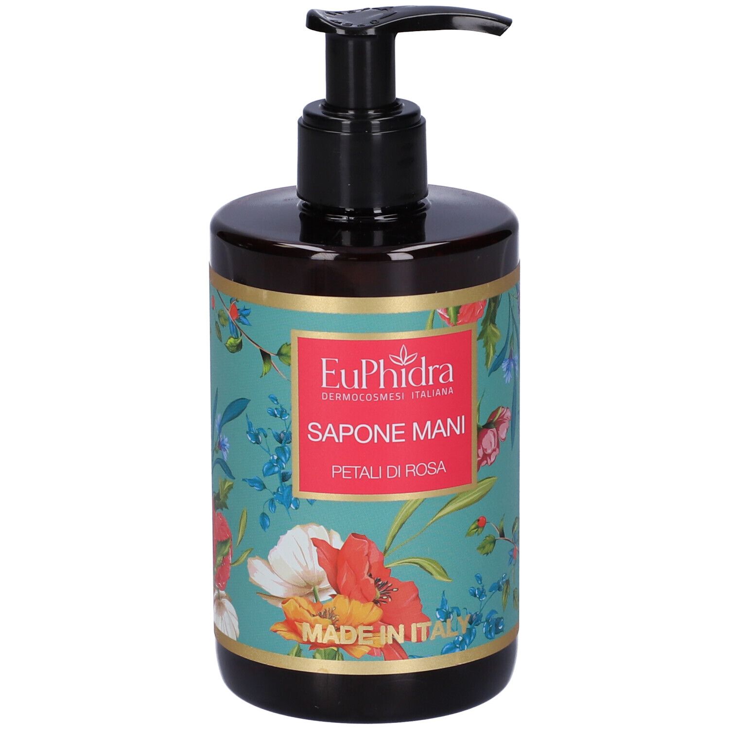Braune Pumpflasche mit blumigem Etikett für Handseife.