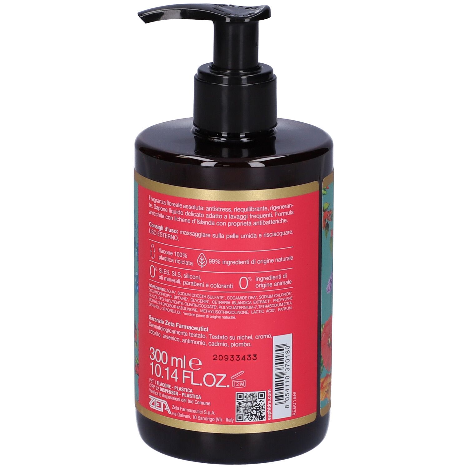 Braune Pumpflasche mit rotem Etikett, 300 ml.