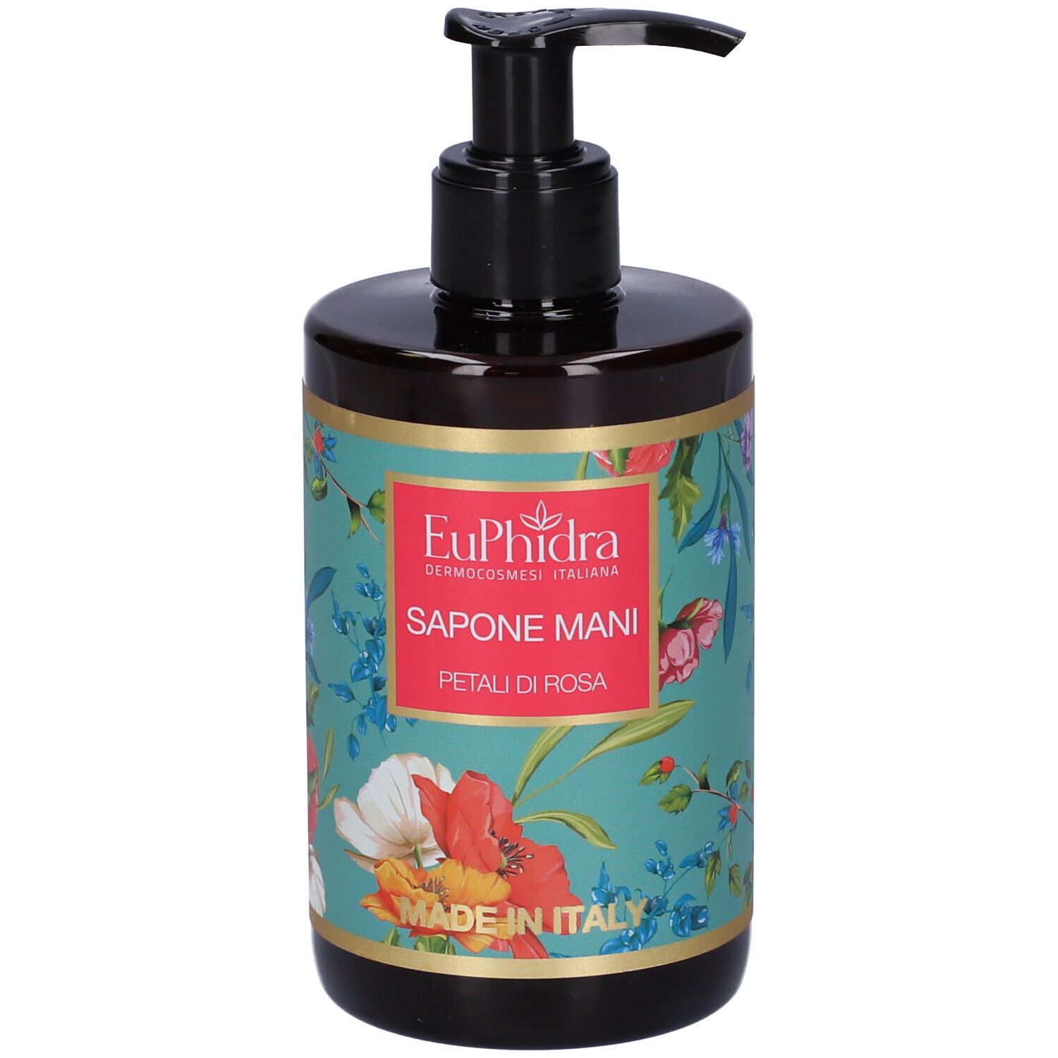 Braune Pumpflasche mit blumig bedrucktem Etikett für Handseife.