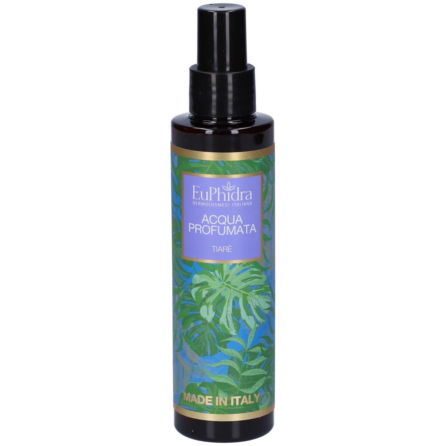 Flacone marrone con erogatore nero. Etichetta con nome prodotto e design tropicale. Made in Italy.