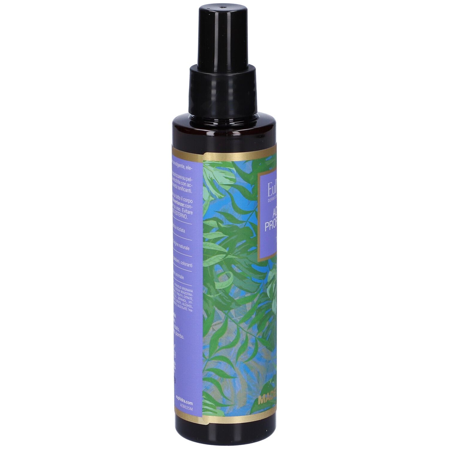 Flacone marrone, vista laterale. Etichetta con informazioni prodotto e motivo tropicale. Made in Italy.