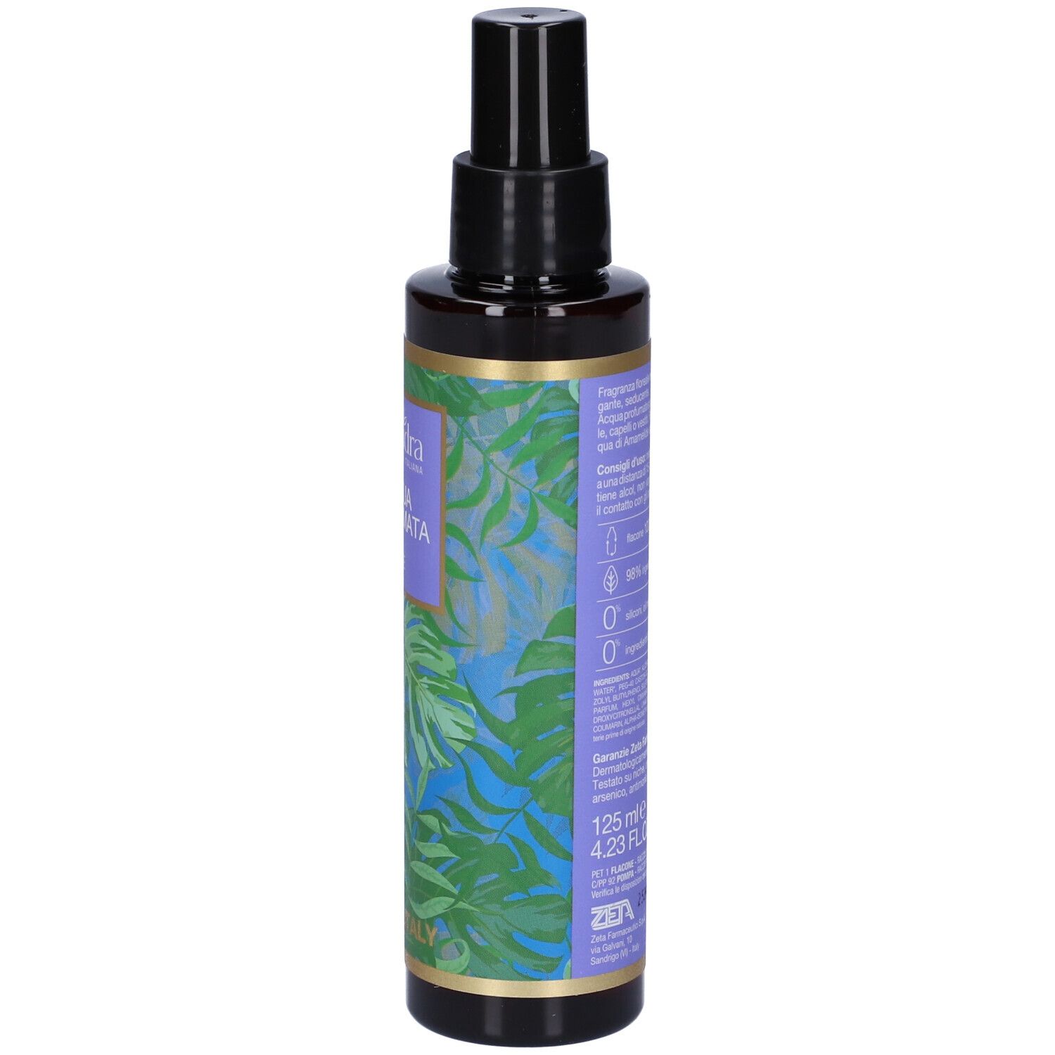 Flacone marrone, vista laterale. Etichetta con informazioni prodotto e motivo tropicale. Made in Italy.