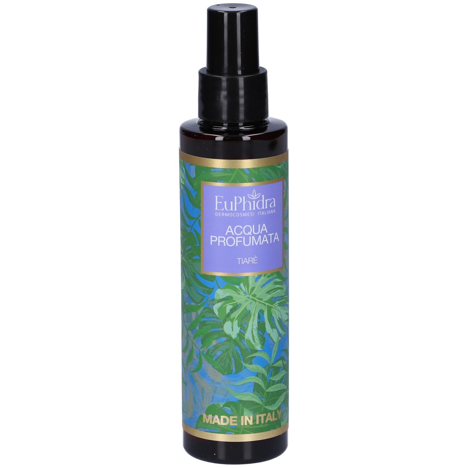 Flacone marrone con erogatore nero. Etichetta con nome prodotto e design tropicale. Made in Italy.