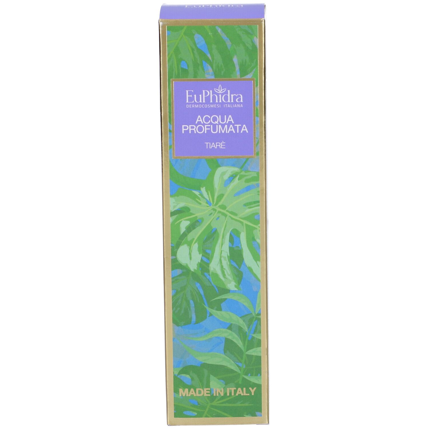 Confezione prodotto rettangolare e alta. Etichetta con nome prodotto e design tropicale. Made in Italy.