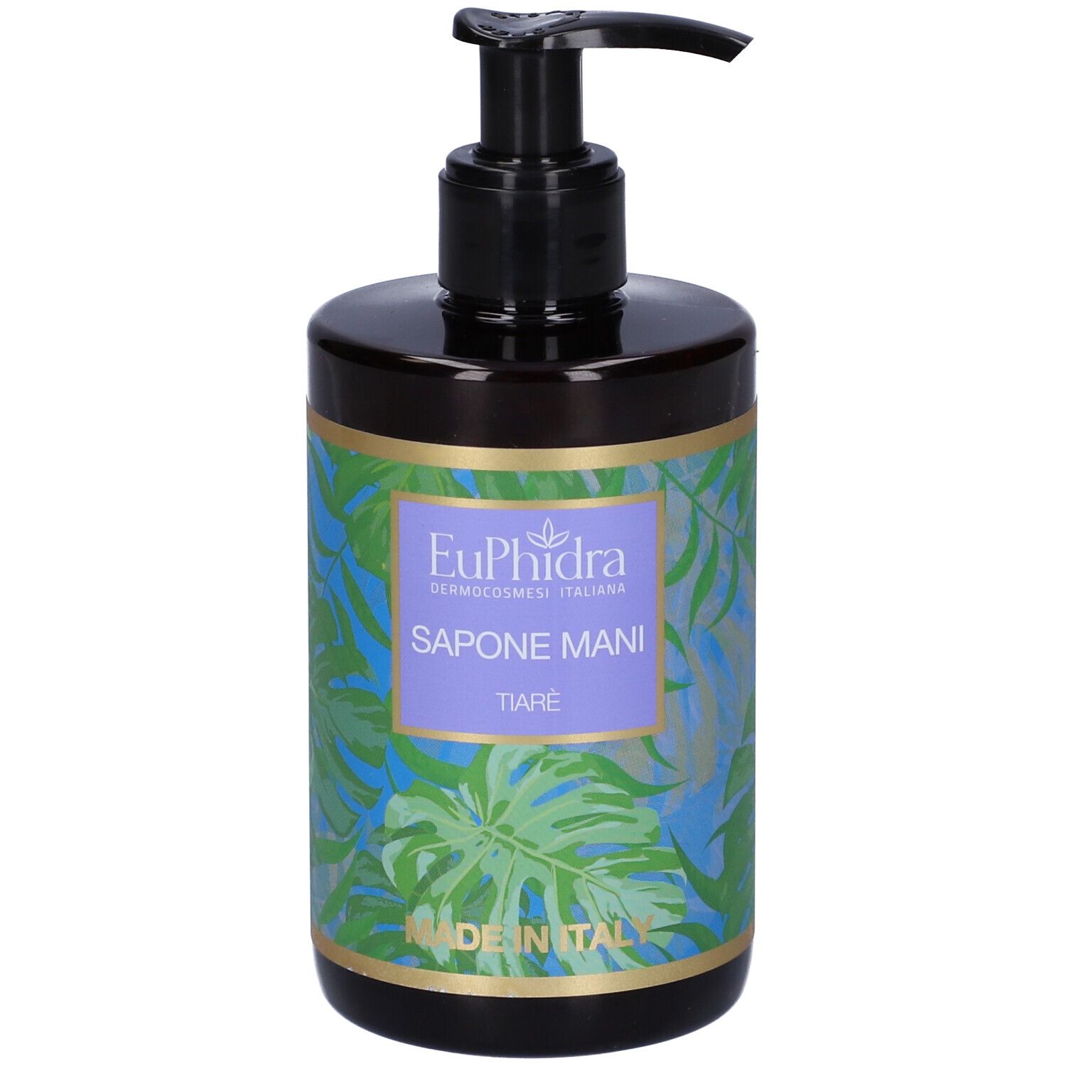 Flacone marrone con dosatore nero. Etichetta EuPhidra, Sapone Mani Tiaré e motivo tropicale. Made in Italy.