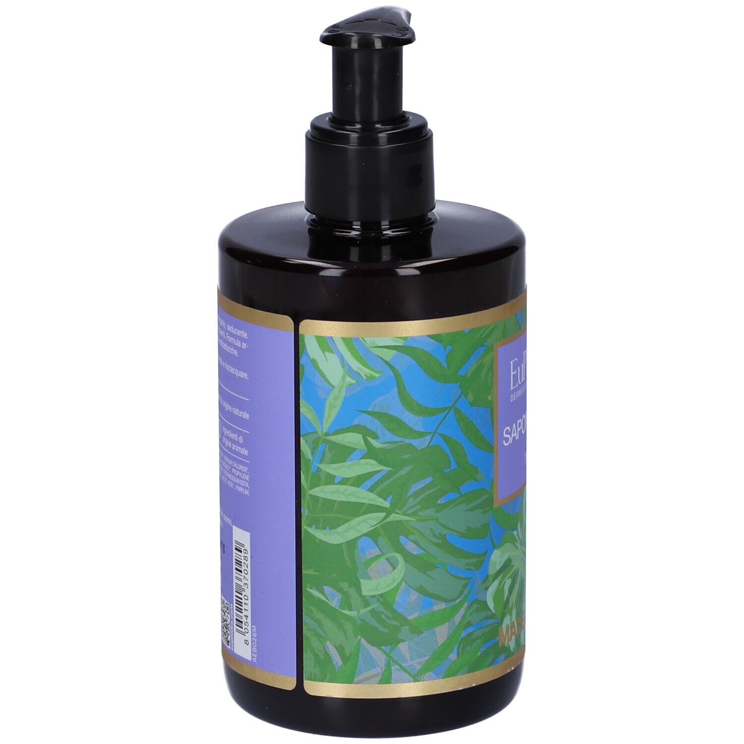 Flacone marrone con dosatore nero. Etichetta EuPhidra, Sapone Mani Tiaré e motivo tropicale. Made in Italy.