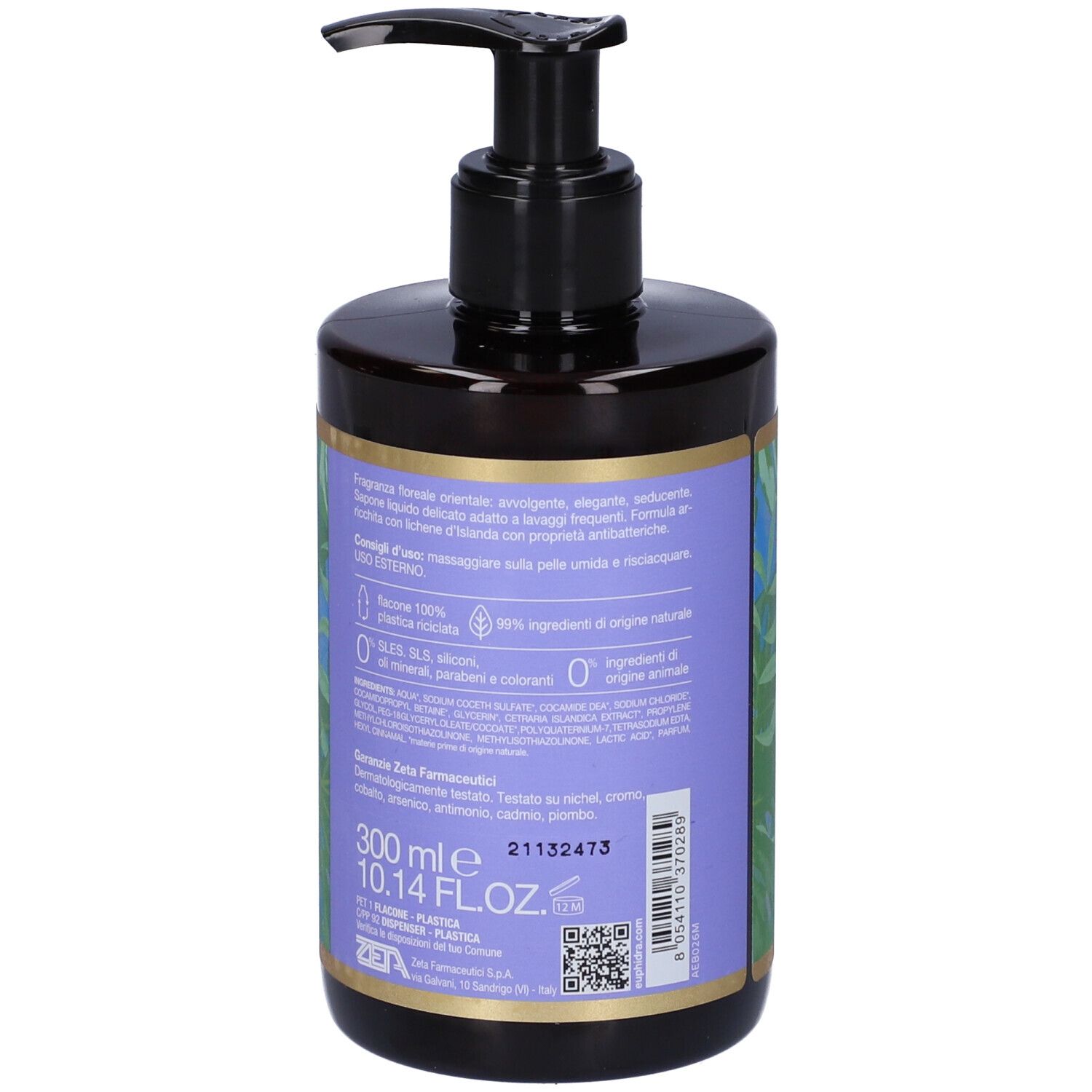 Flacone marrone con dosatore nero. Etichetta con informazioni prodotto, ingredienti e 300ml. Made in Italy.