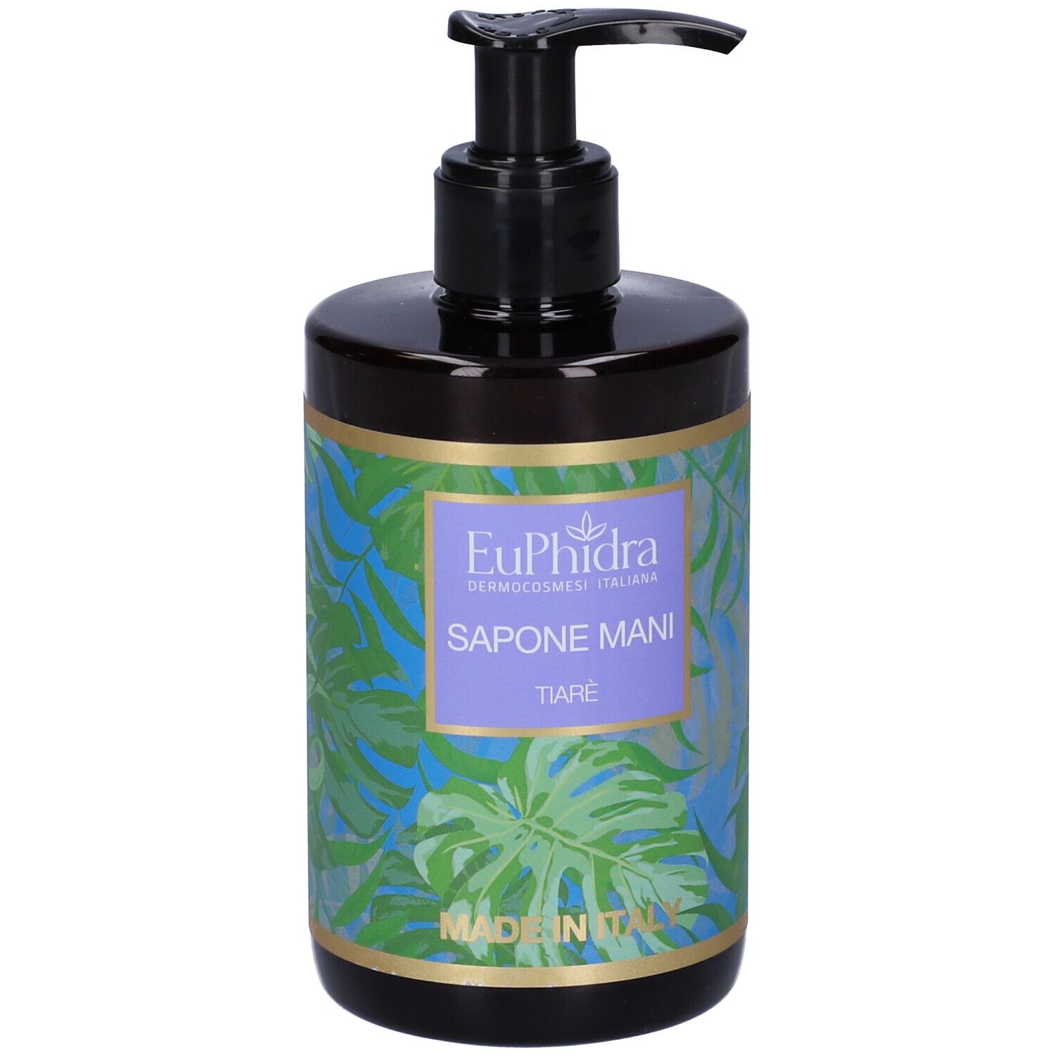 Flacone marrone con dosatore nero. Etichetta EuPhidra, Sapone Mani Tiaré e motivo tropicale. Made in Italy.