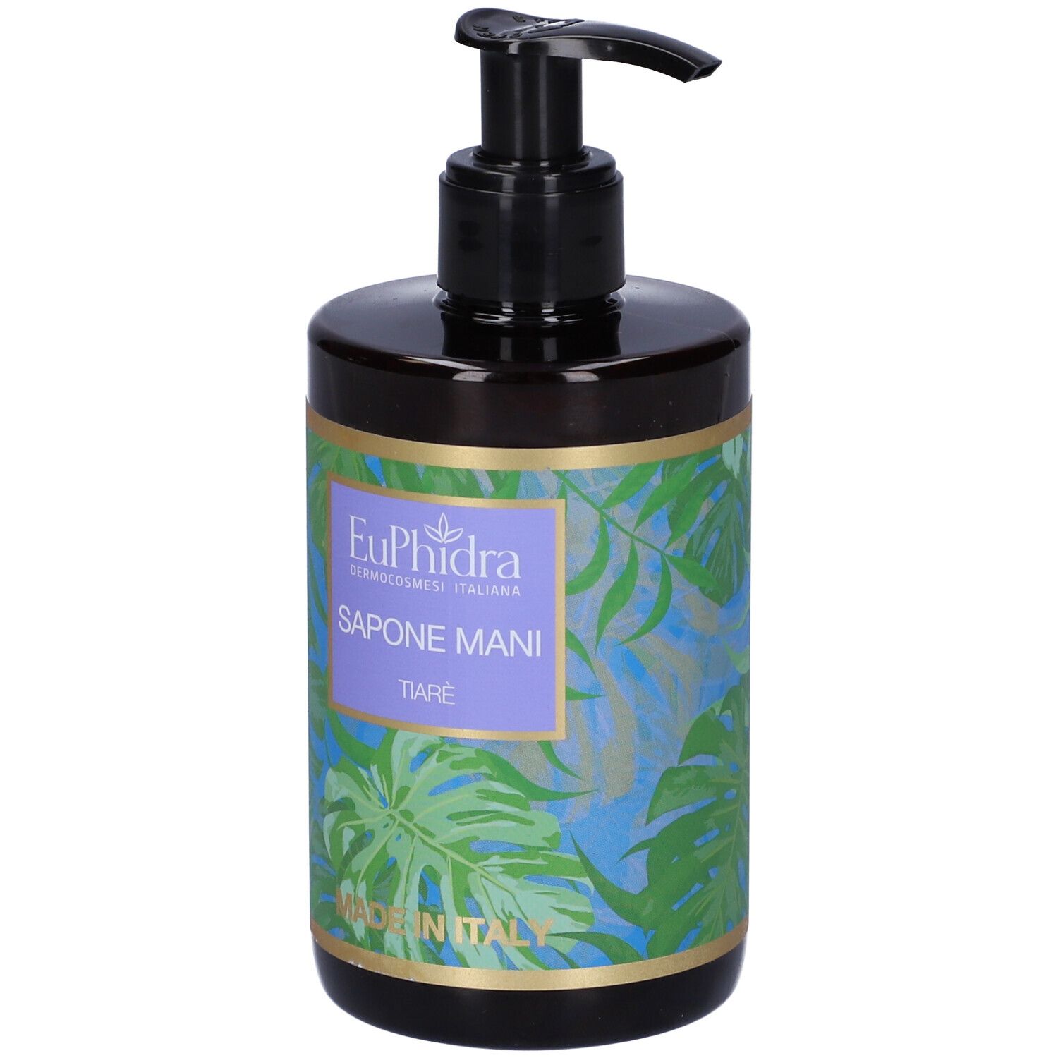 Flacone marrone con dosatore nero. Etichetta EuPhidra, Sapone Mani Tiaré e motivo tropicale. Made in Italy.