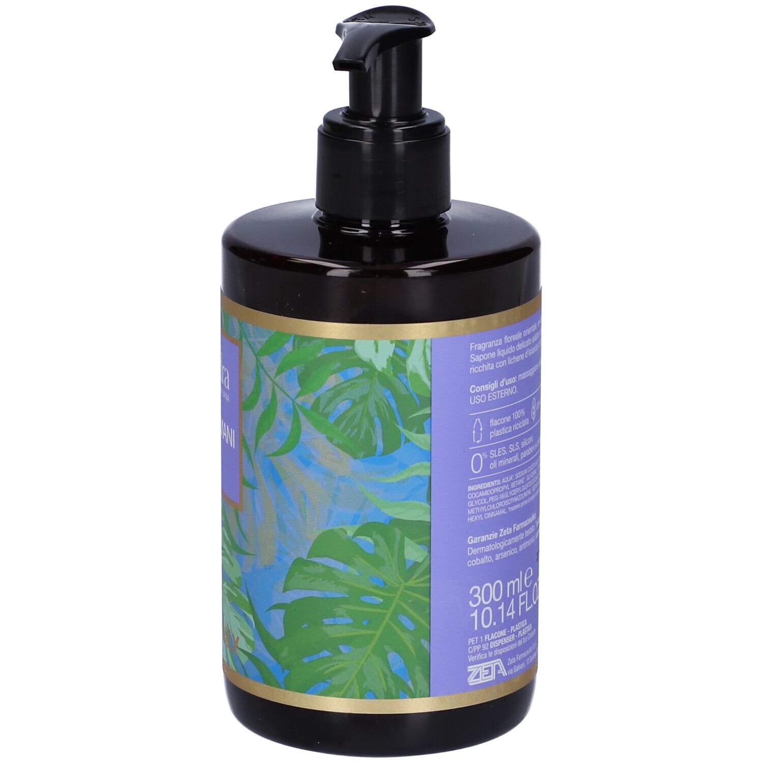 Flacone marrone con dosatore nero. Etichetta con informazioni prodotto, ingredienti e 300ml. Made in Italy.