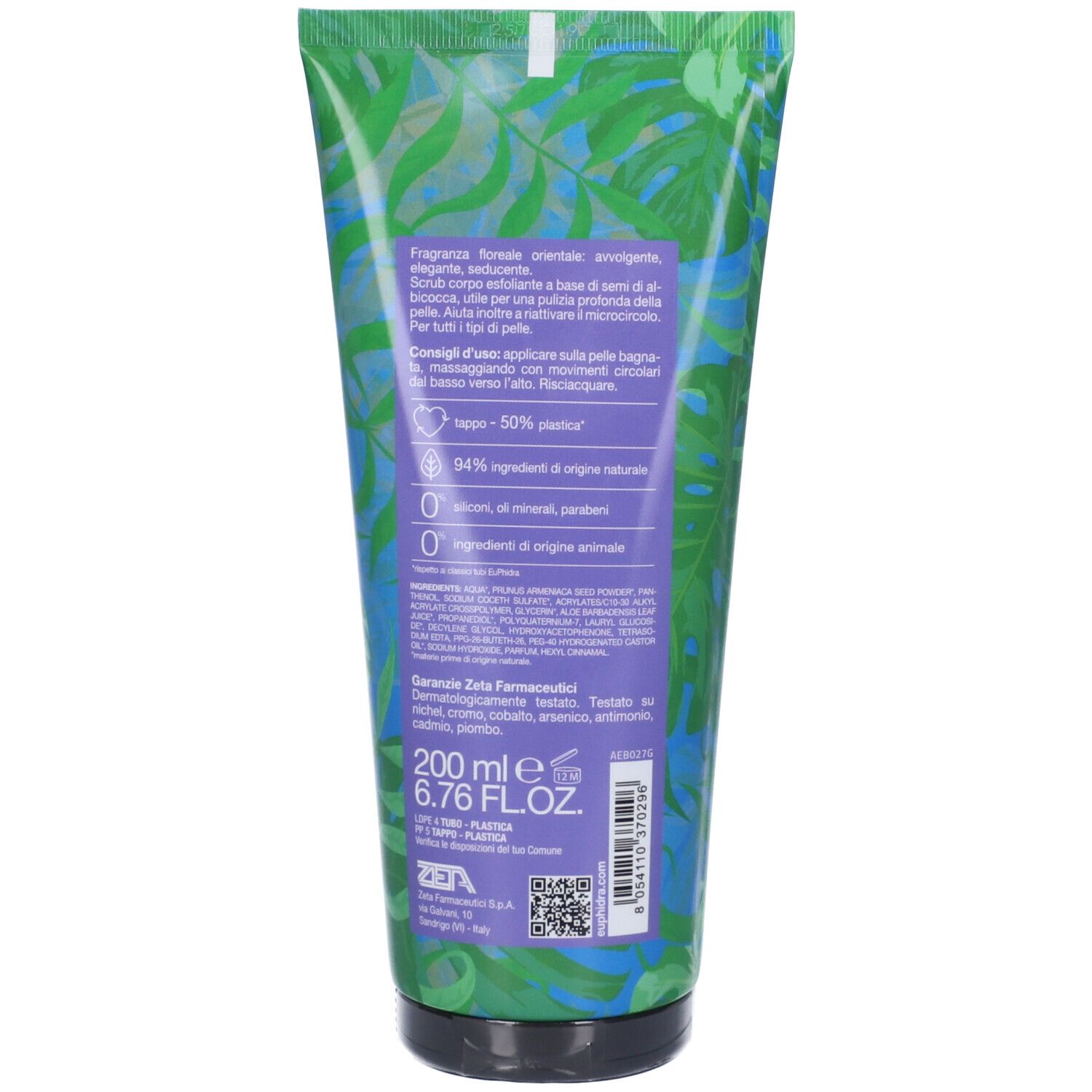 Rückseite der EuPhidra Scrub Corpo Tiaré Tube. Text, Inhaltsstoffe, und QR-Code sichtbar.
