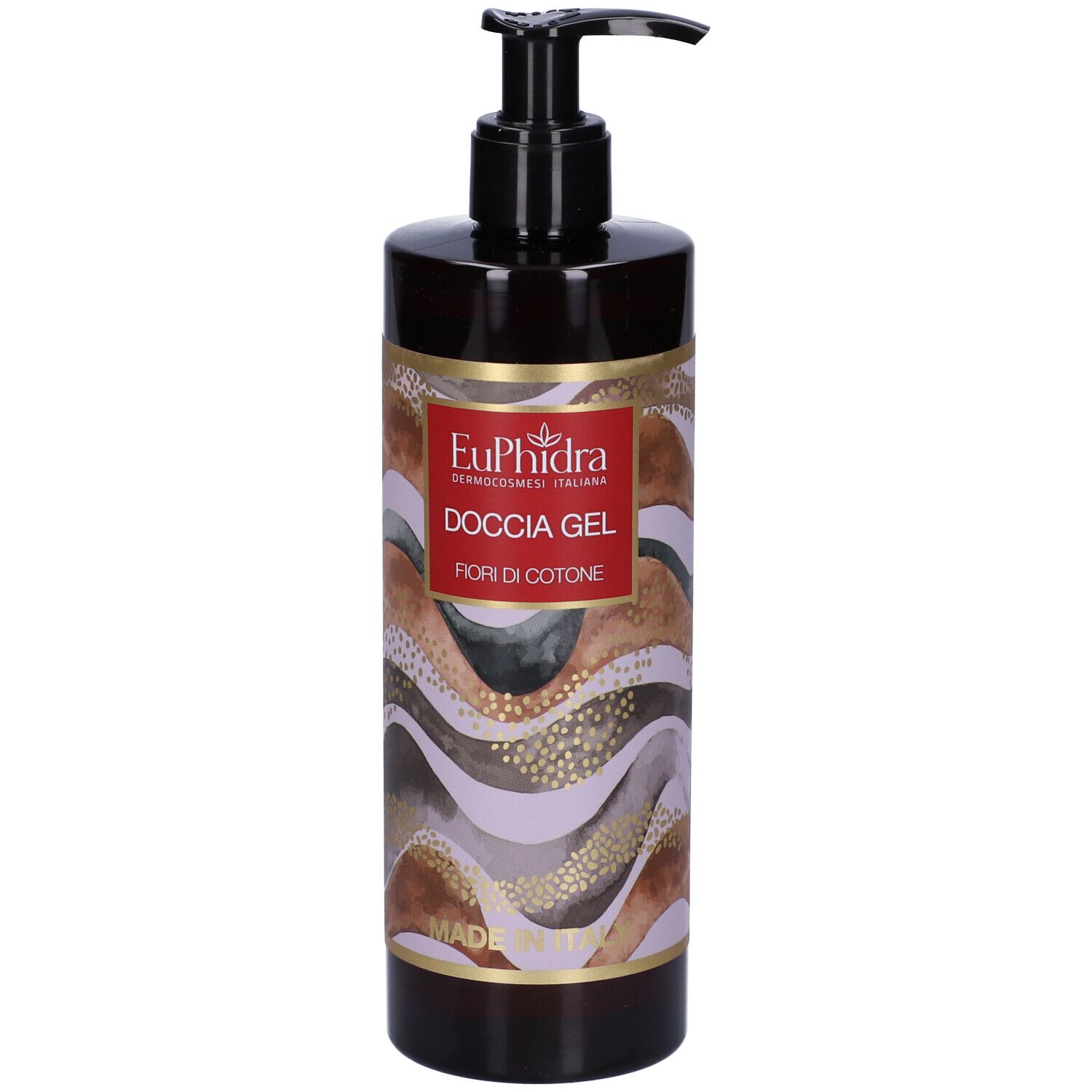 Flacone marrone con dosatore nero. Etichetta con nome prodotto e motivo floreale. "EuPhidra Doccia Gel".