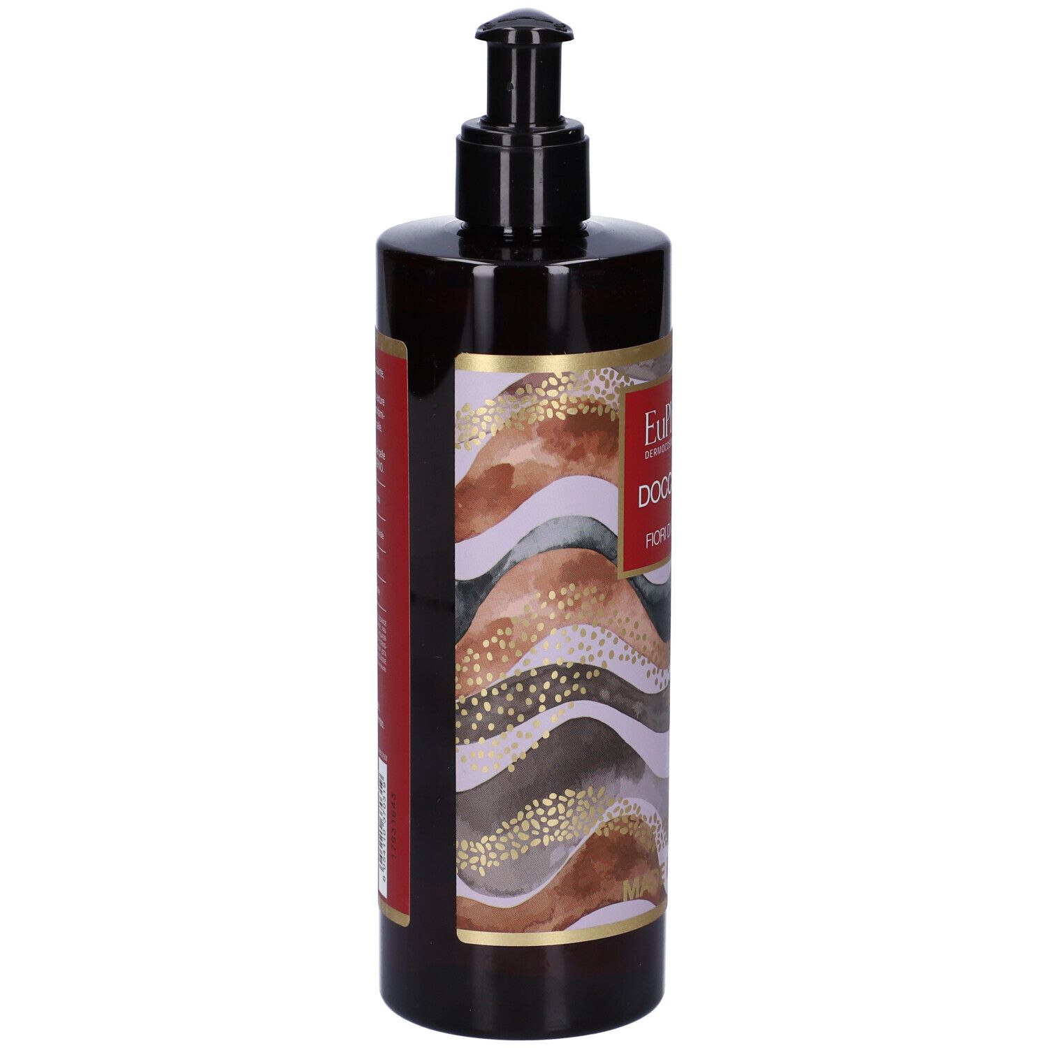 Flacone marrone con dosatore nero. Etichetta con nome prodotto e motivo floreale. "EuPhidra Doccia Gel".