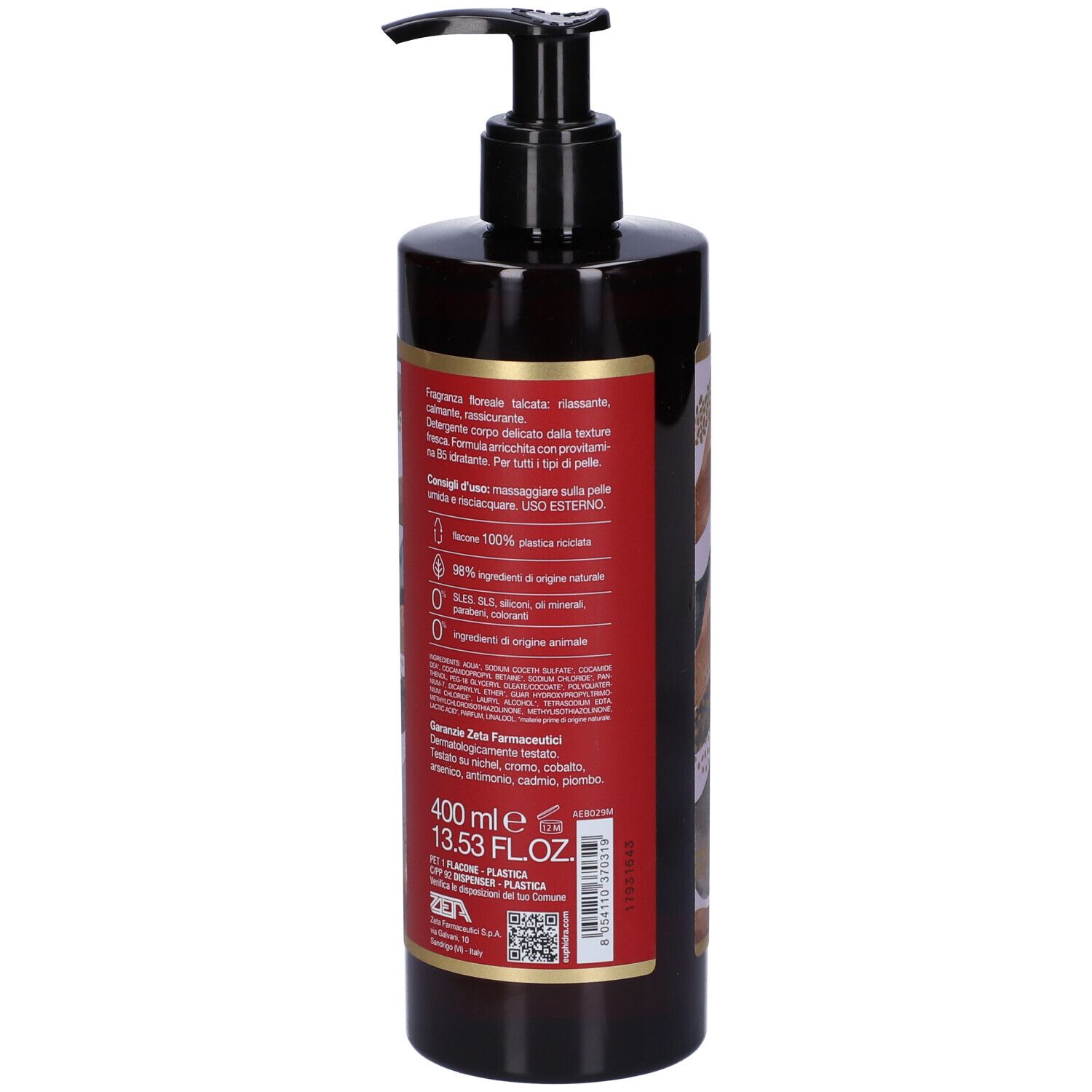 Retro di flacone marrone con dosatore nero. Testo su etichetta rossa. "400 ml 13.53 FL.OZ."
