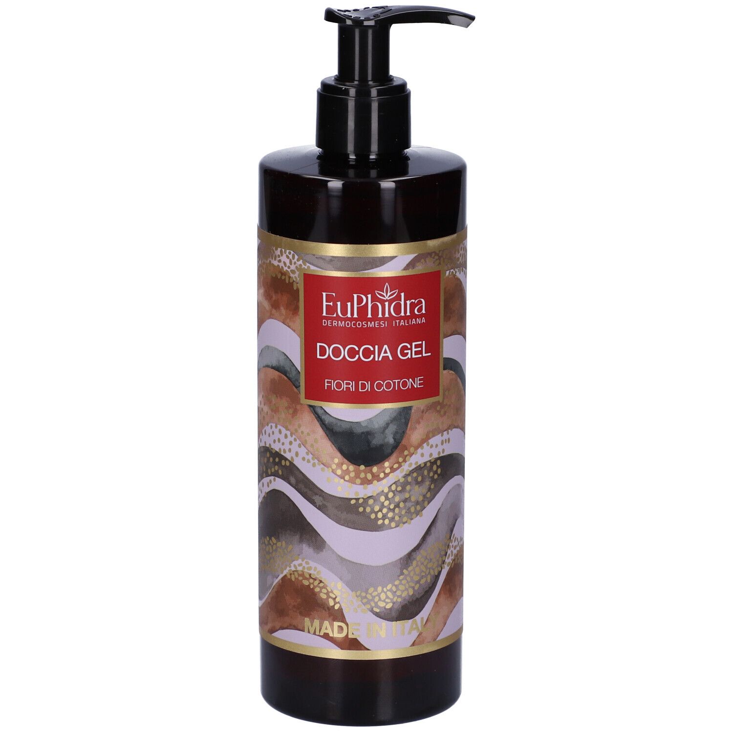 Flacone marrone con dosatore nero. Etichetta con nome prodotto e motivo floreale. "EuPhidra Doccia Gel".