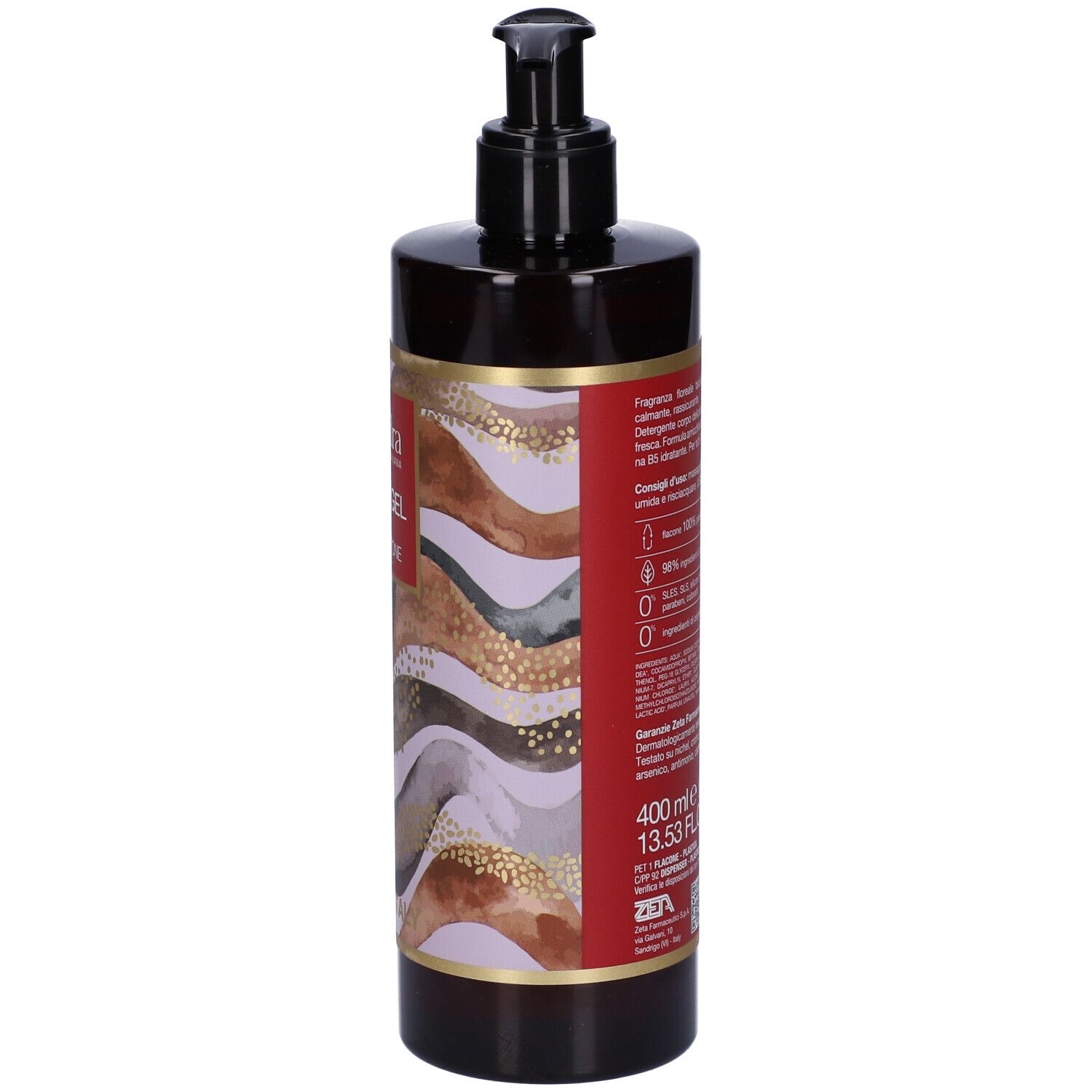 Retro di flacone marrone con dosatore nero. Testo su etichetta rossa. "400 ml 13.53 FL.OZ."