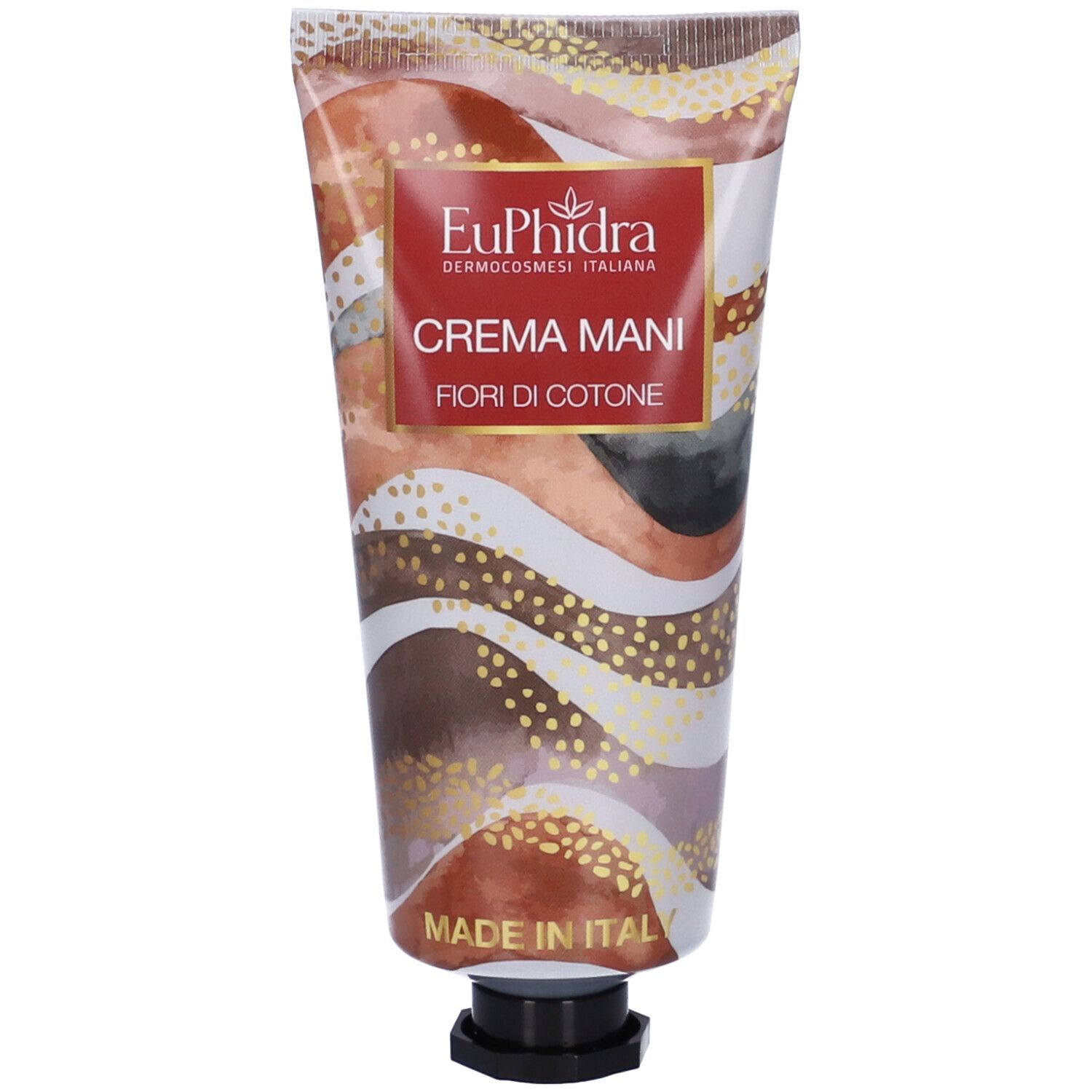 Tubo di crema mani con design floreale. Scritta: EuPhidra, Crema Mani, Fiori di Cotone. Made in Italy.