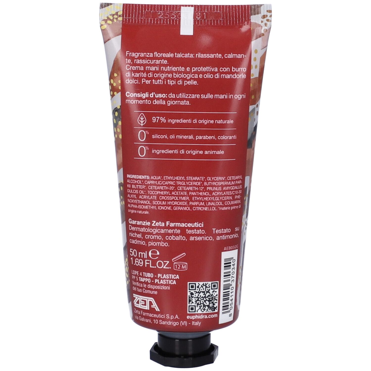 Retro del tubo di crema mani. Testo: ingredienti, consigli d'uso, 97% ingredienti naturali. Zeta Farmaceutici.