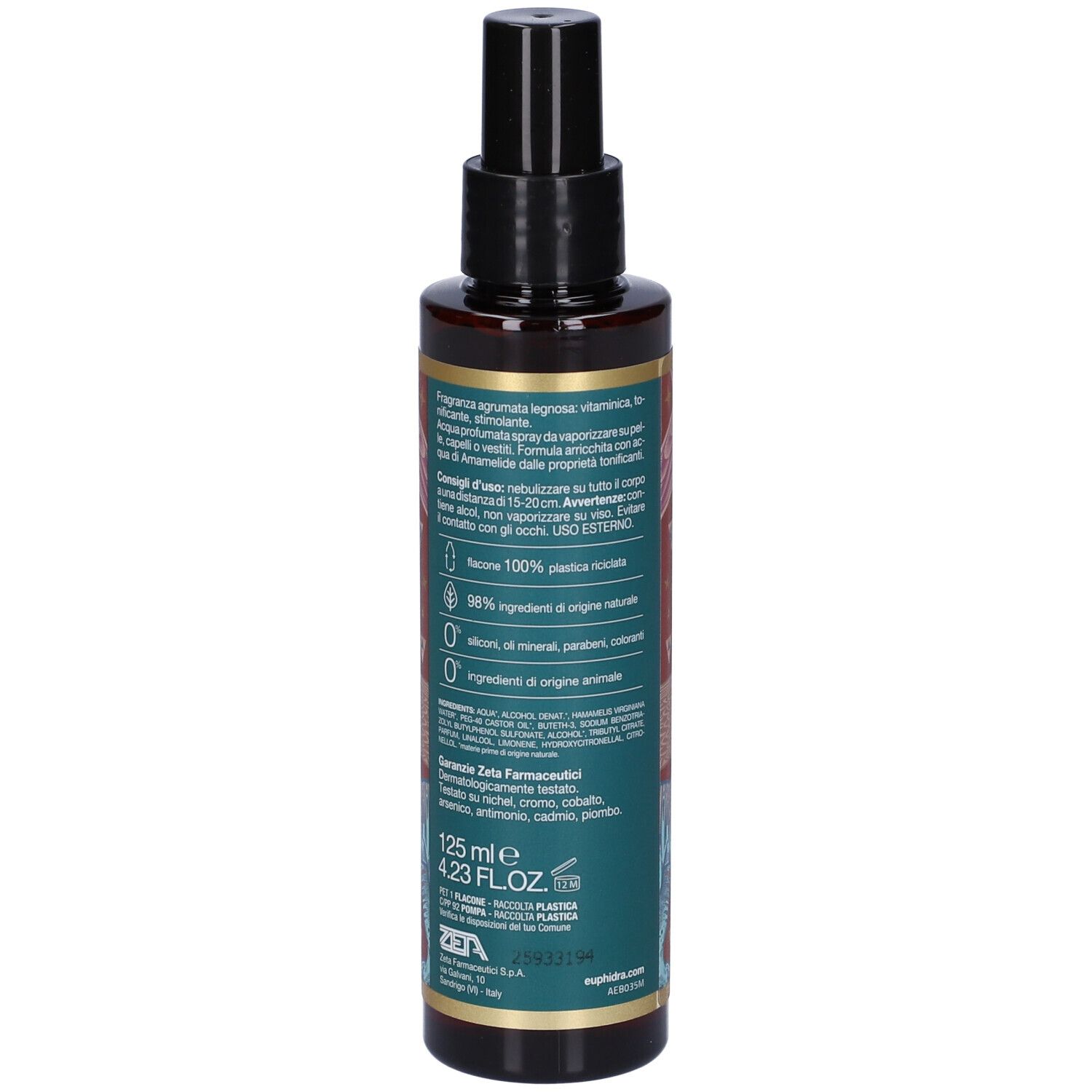 Flacone marrone con vaporizzatore nero. Retro con testo. 125 ml. 4.23 FL.OZ. 98% ingredienti naturali.