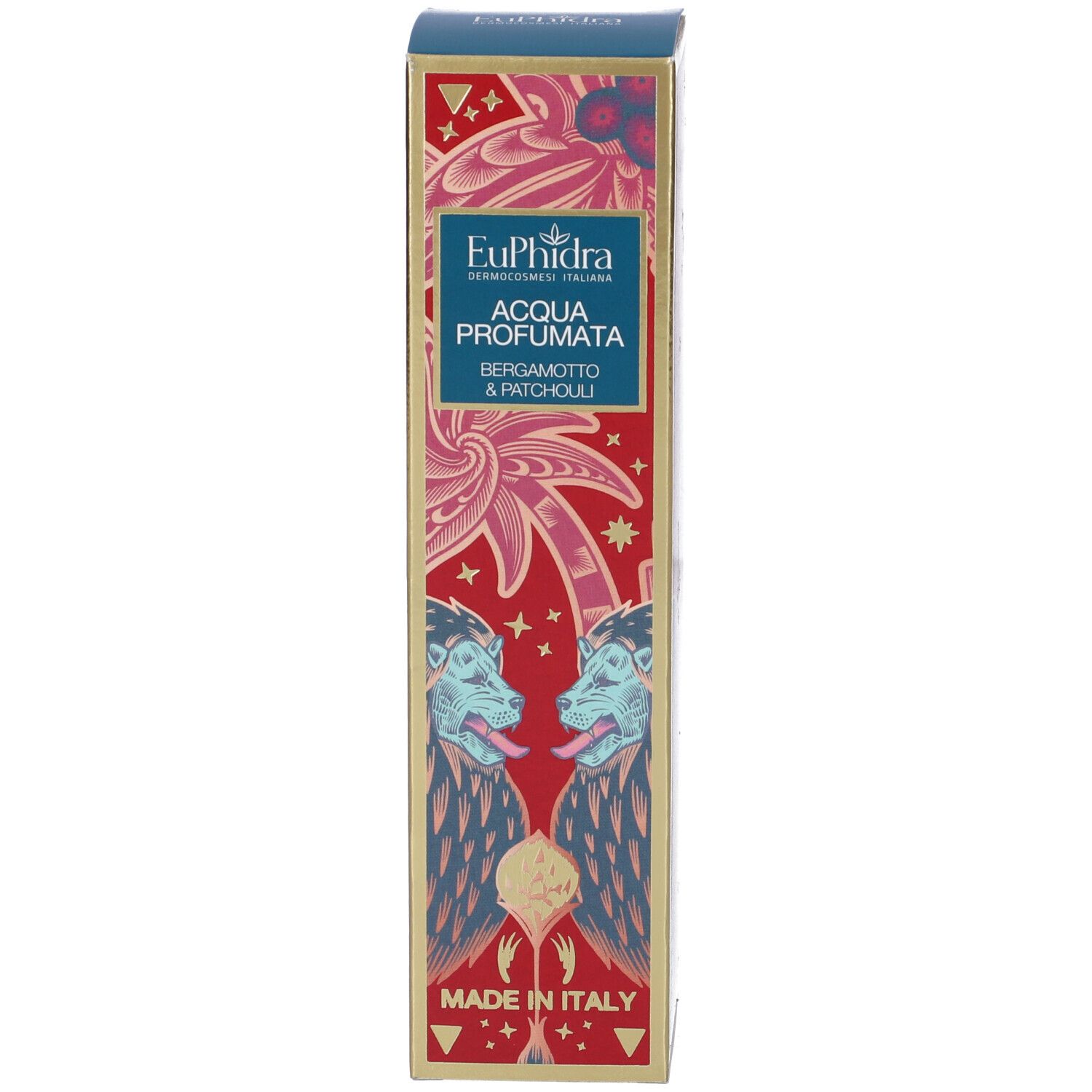 Confezione del prodotto. Scatola rettangolare con testo e illustrazioni. Made in Italy.