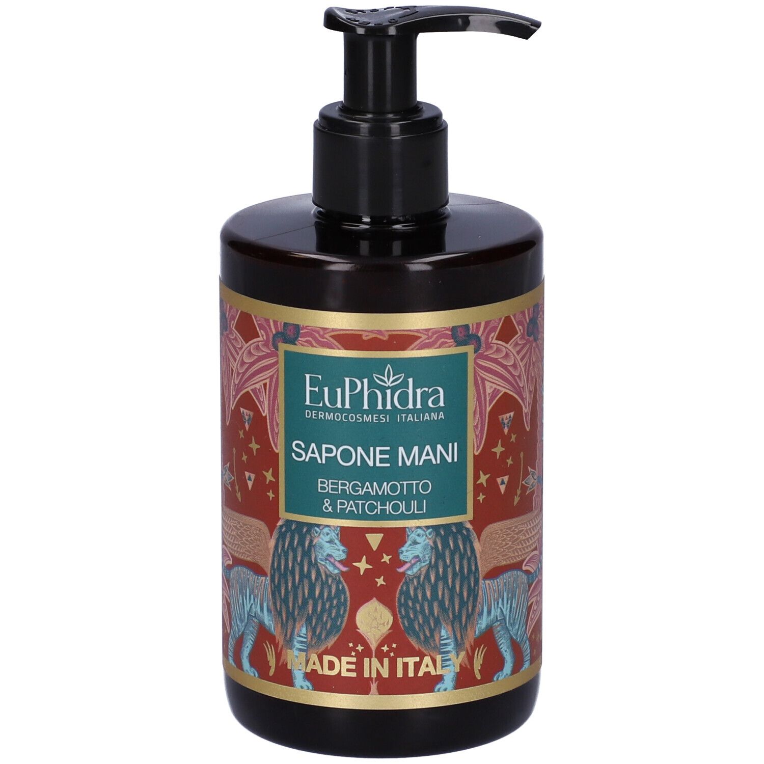 Braune Pumpflasche mit Etikett: Euphidra Sapone Mani Bergamotto & Patchouli, Made in Italy.