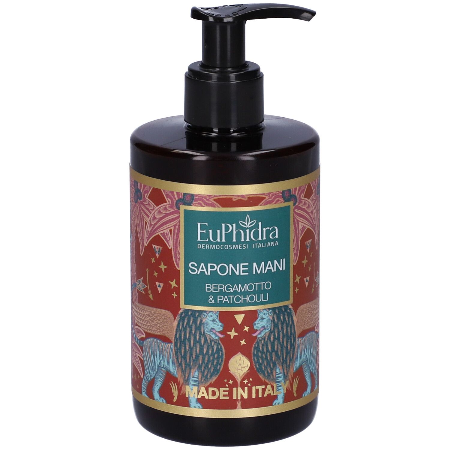 Braune Pumpspender-Flasche mit Etikett, das „SAPONE MANI BERGAMOTTO & PATCHOULI“ zeigt. Mit Löwenmotiv und „Made in Italy“.