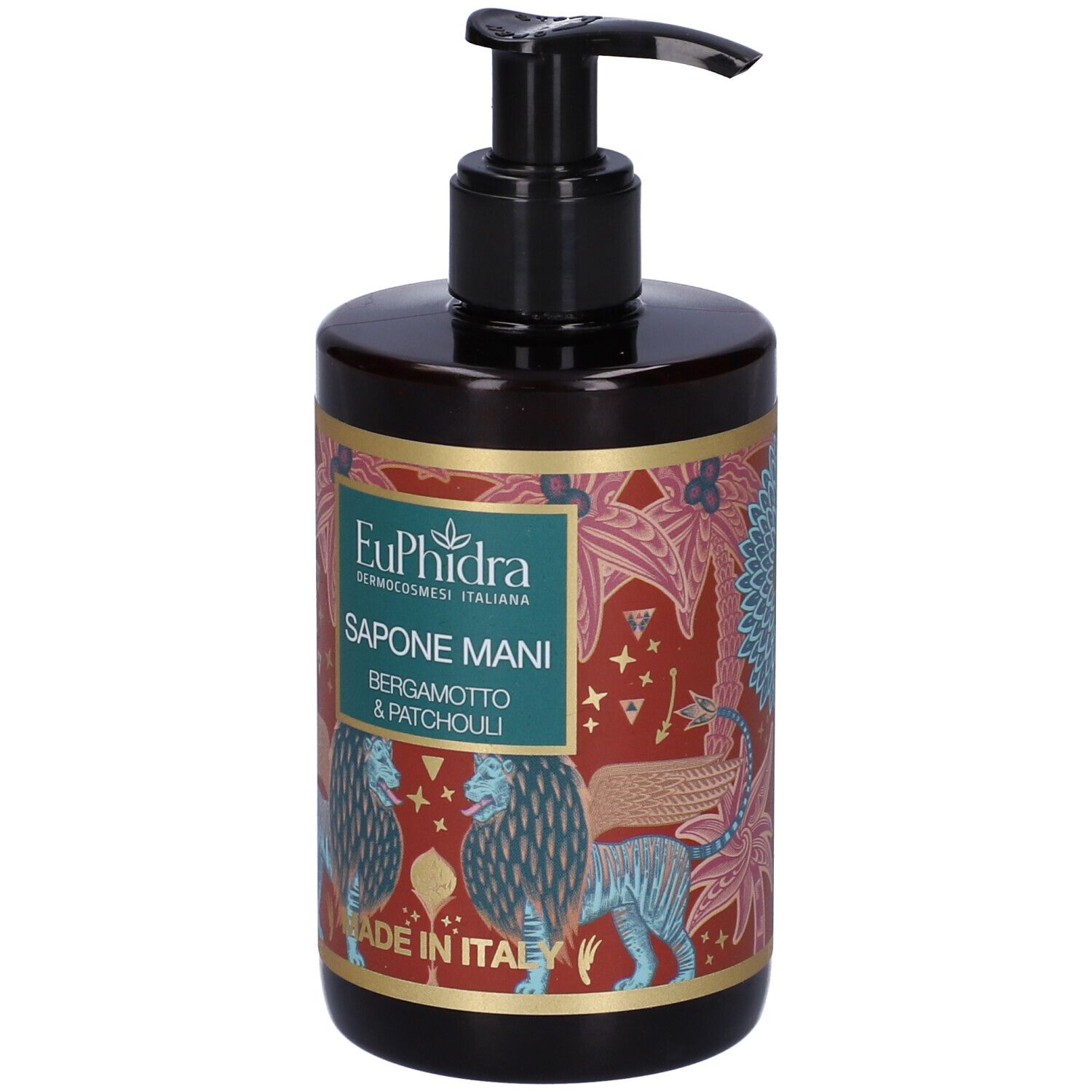 Dunkle Pumpflasche mit Etikett: 'EuPhidra Sapone Mani Bergamotto & Patchouli'. Mit Löwenmotiv und 'Made in Italy'.