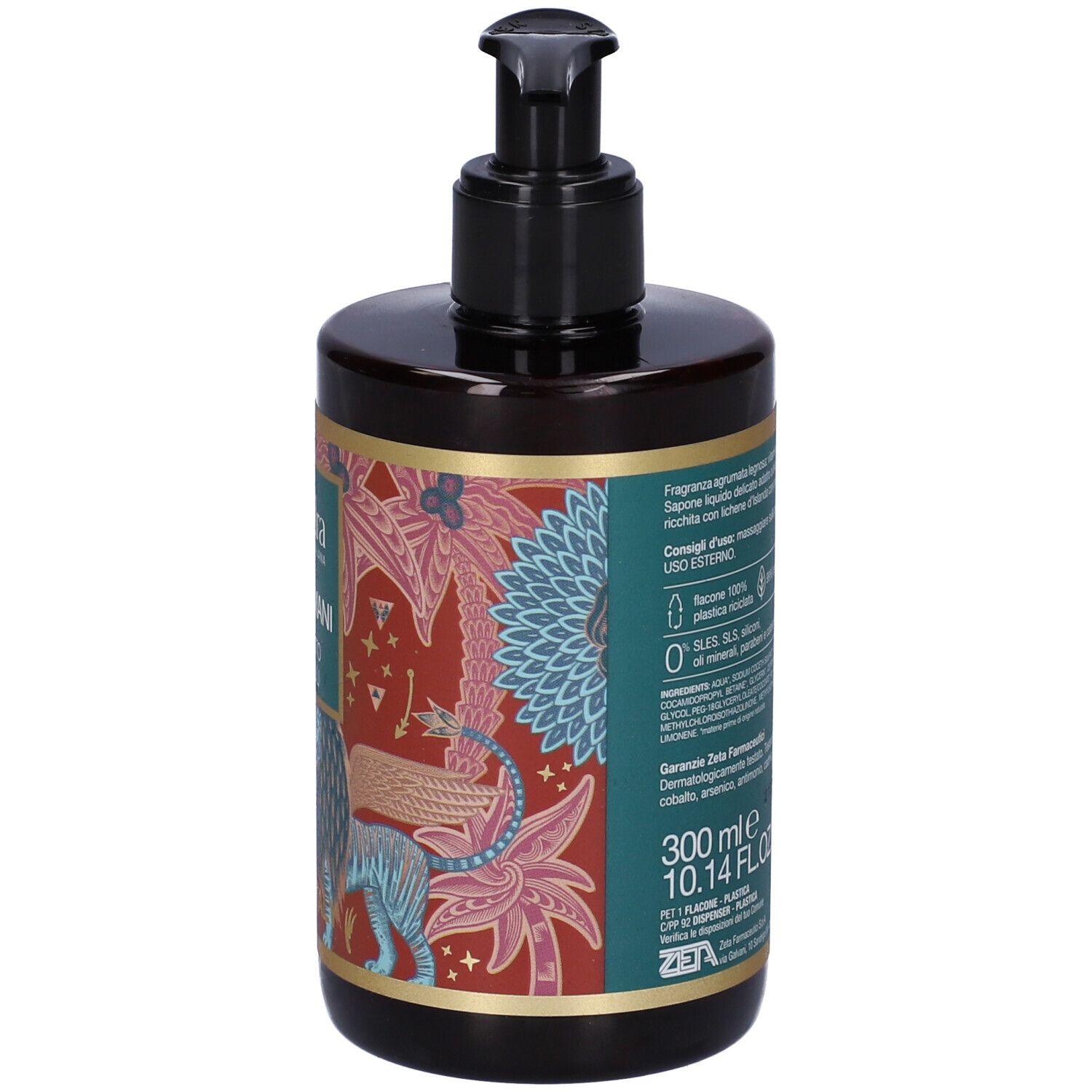 Braune Pumpflasche mit bunten Dschungelmotiv und Löwenabbildung. Enthält 300 ml.