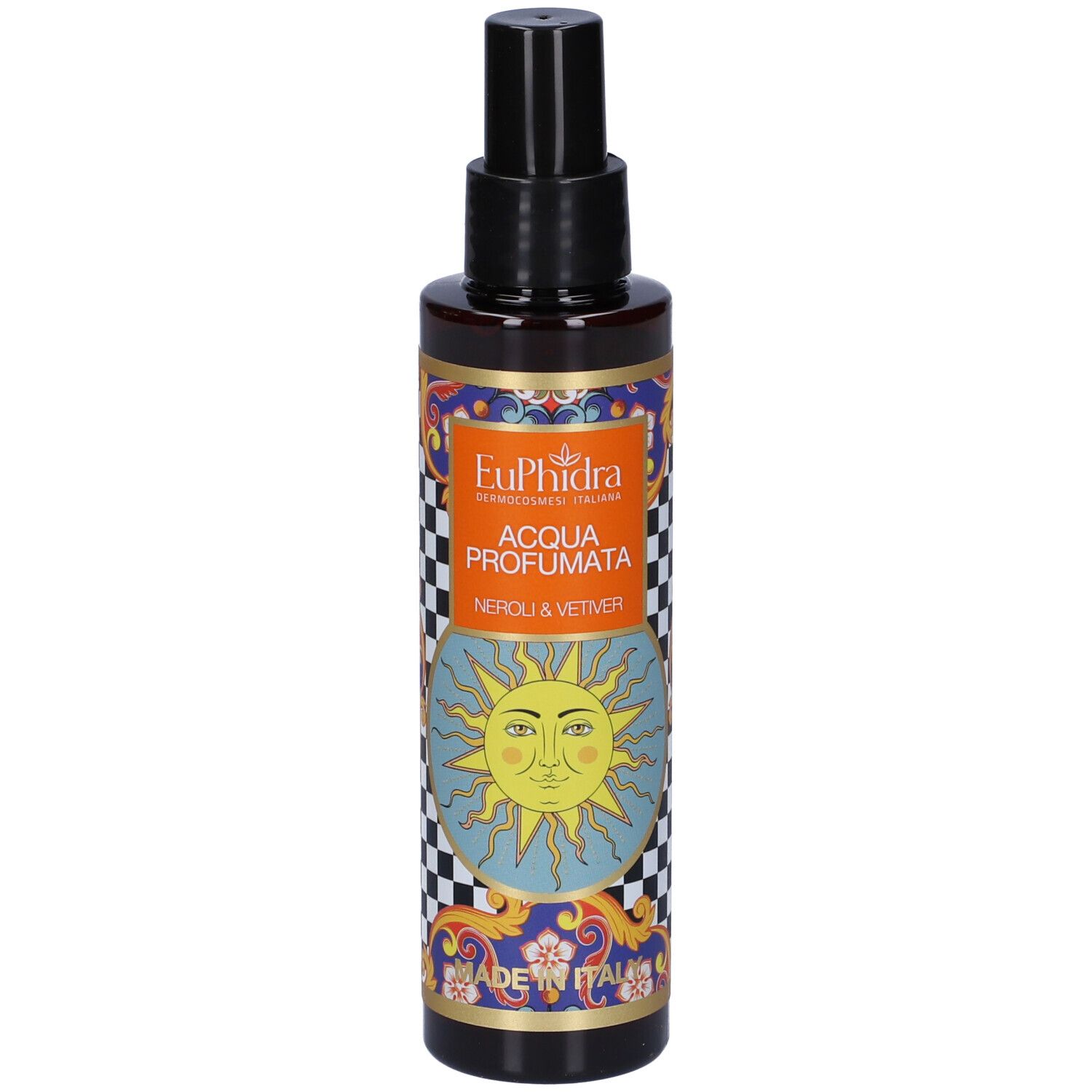 Flacone marrone con vaporizzatore nero. Etichetta con logo EuPhidra, sole e scritta 'Acqua Profumata Neroli & Vetiver'.