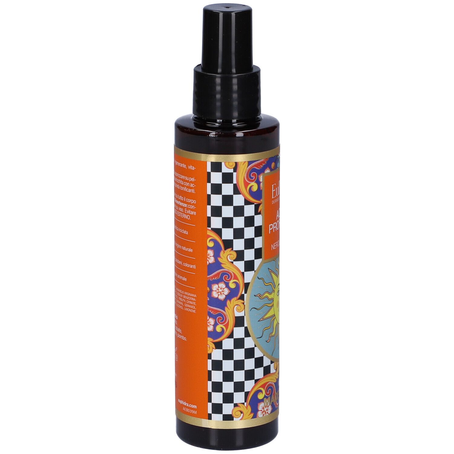Flacone marrone con vaporizzatore nero. Etichetta con testo e design. Retro con testo e design.