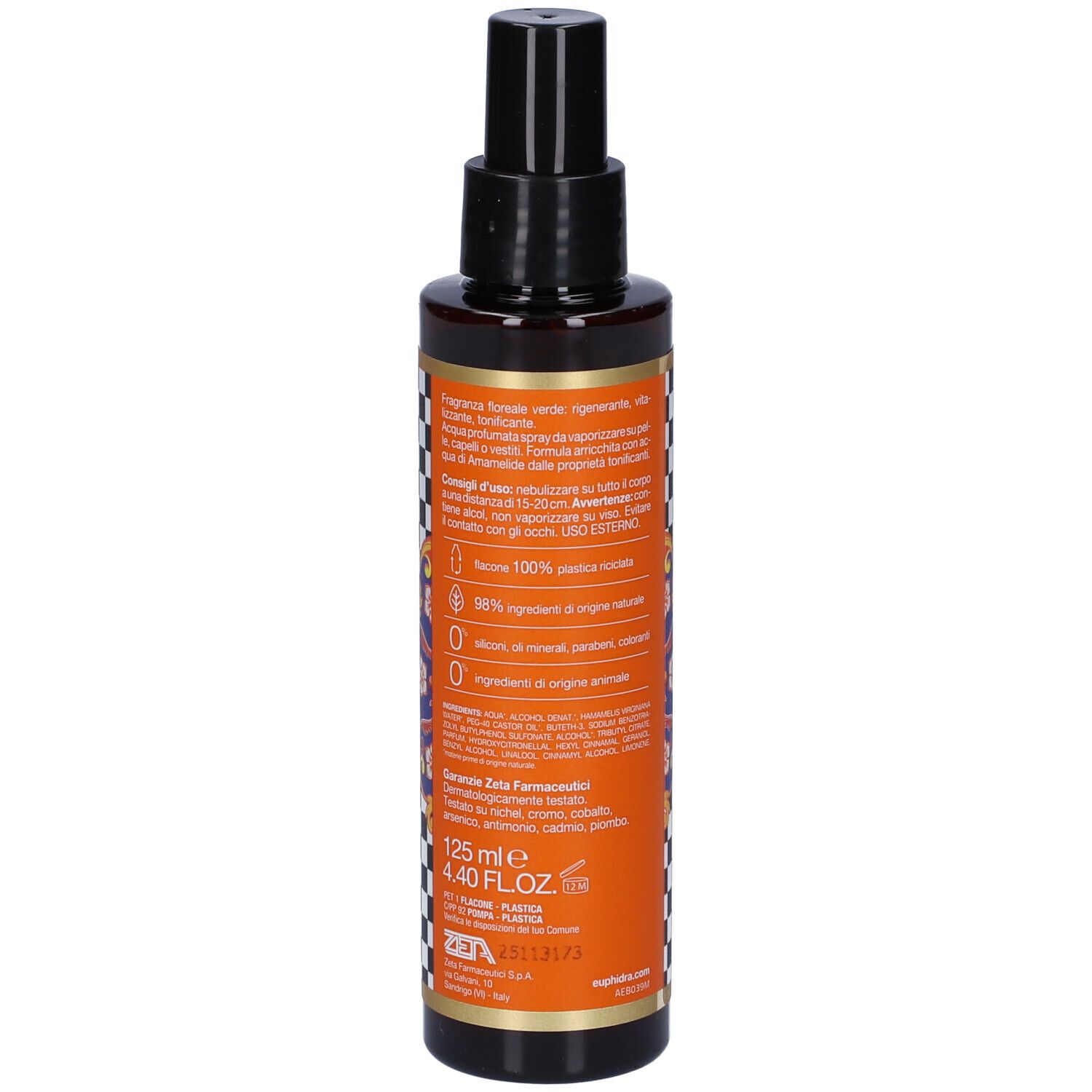 Flacone marrone con vaporizzatore nero. Retro con testo, ingredienti e logo. 125 ml.