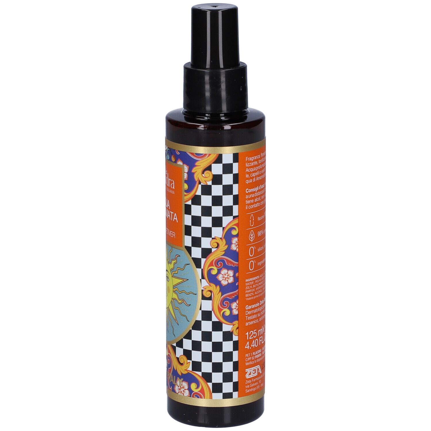 Flacone marrone con vaporizzatore nero. Etichetta con logo, sole e testo. Retro con testo.
