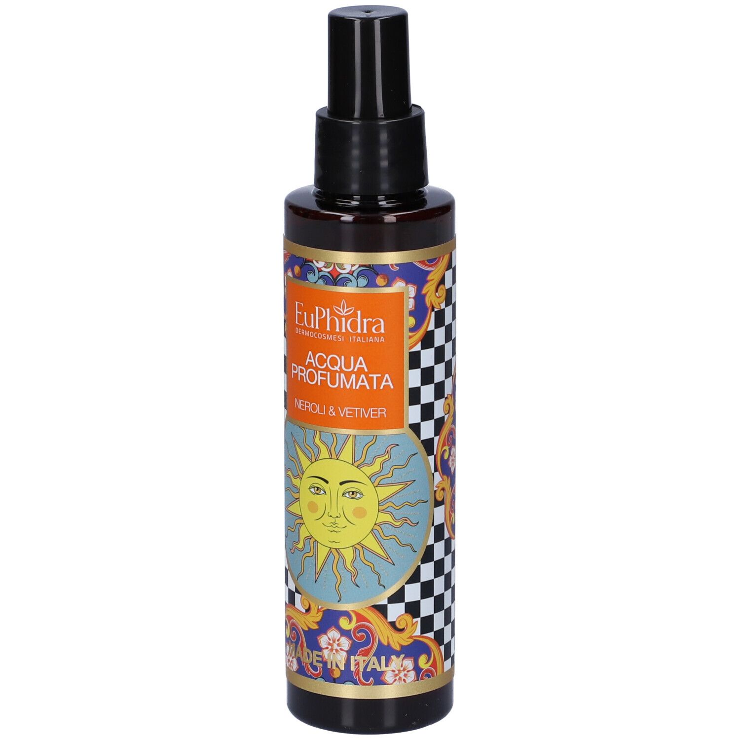 Flacone marrone con vaporizzatore nero. Etichetta con logo EuPhidra, sole e scritta 'Acqua Profumata Neroli & Vetiver'.