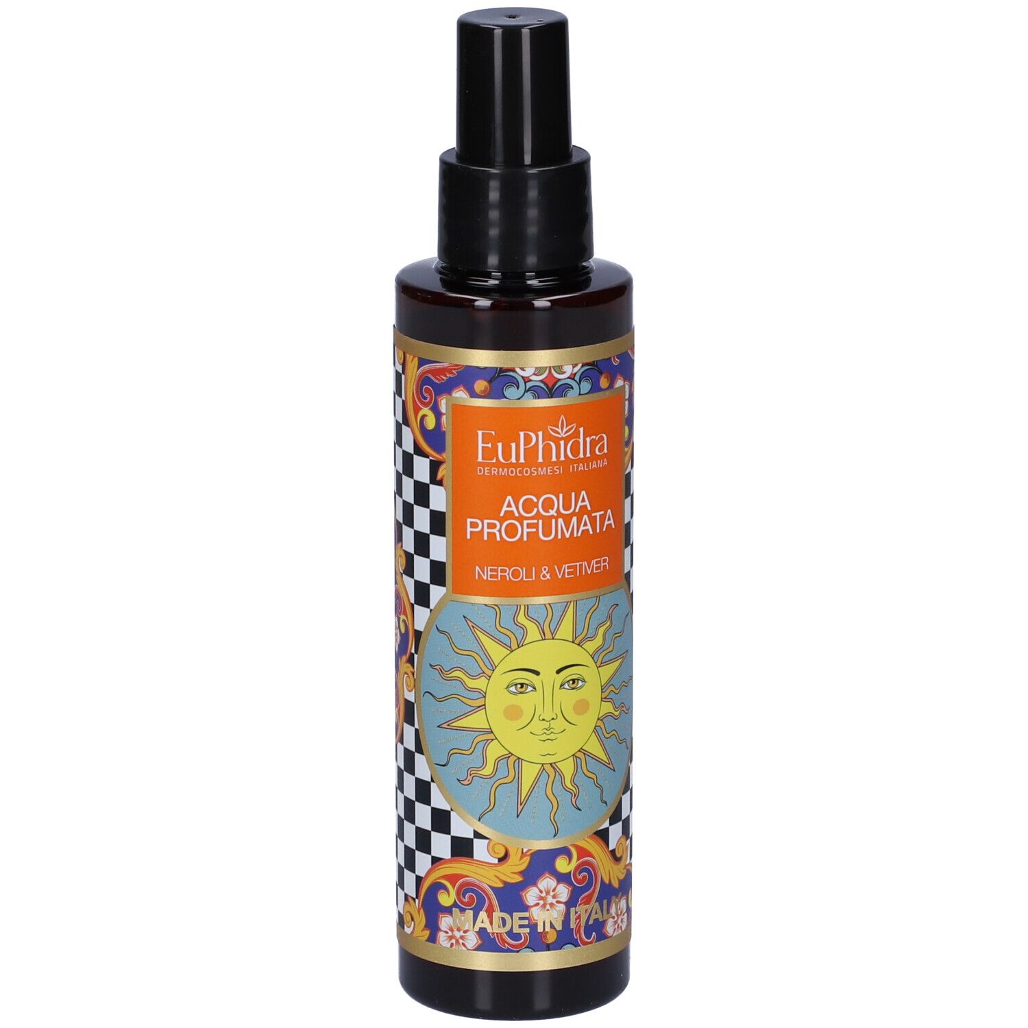 Flacone marrone con vaporizzatore nero. Etichetta con logo EuPhidra, sole e scritta 'Acqua Profumata Neroli & Vetiver'.