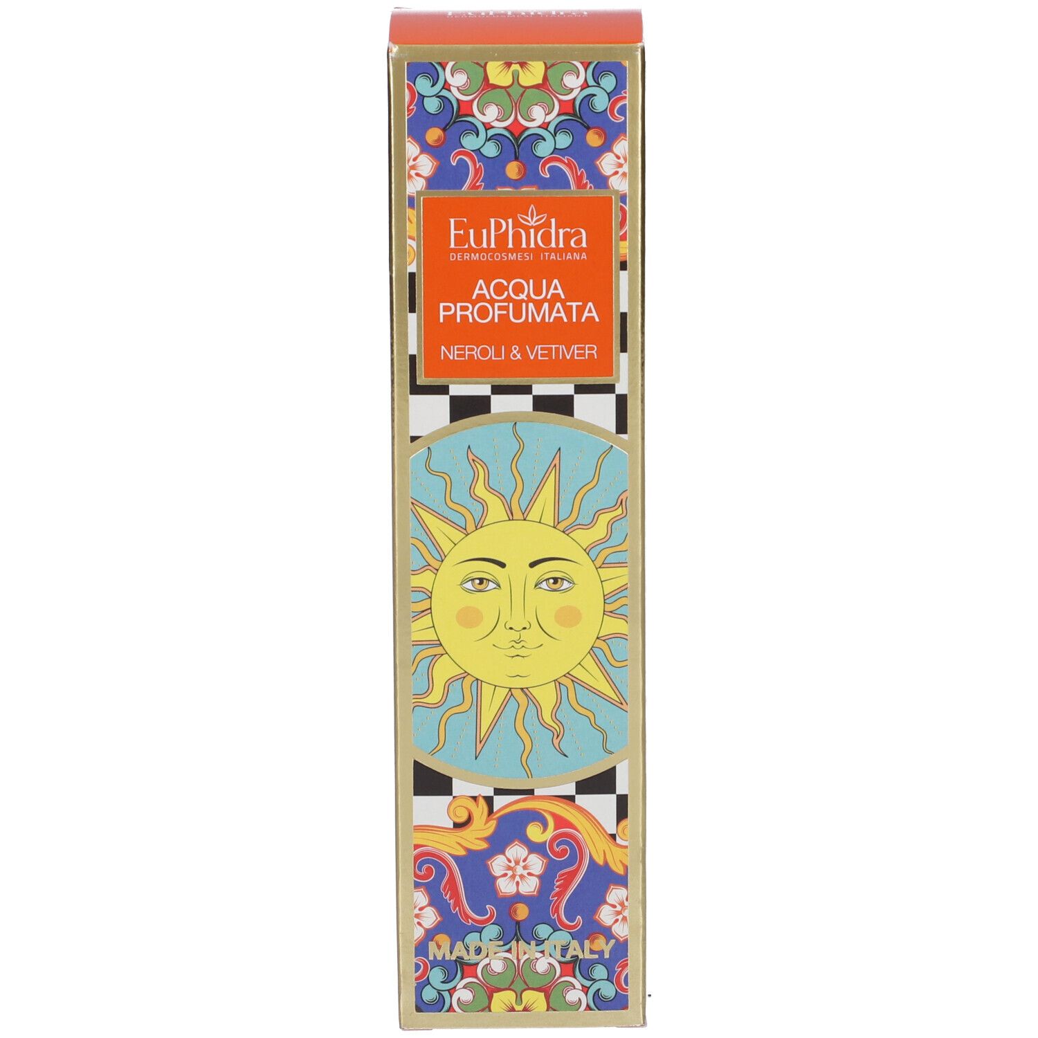 Confezione con logo, sole e testo. Sfondo arancione con design. Nome del prodotto visibile.