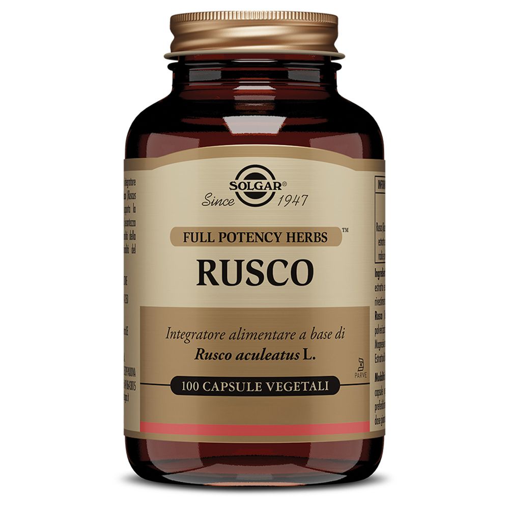 Flacone di vetro marrone con tappo dorato. Etichetta "RUSCO" e "100 Capsule Vegetali". Marca: Solgar.