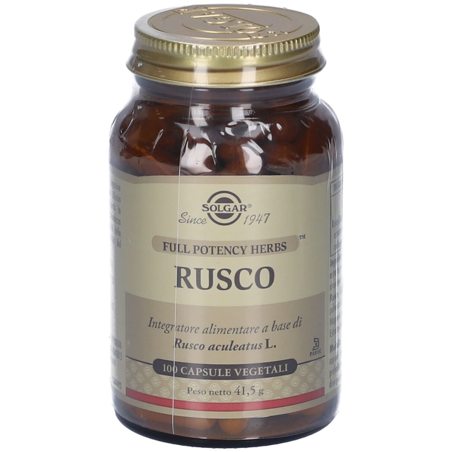 Flacone di vetro marrone con tappo dorato. Etichetta "RUSCO", "100 Capsule Vegetali" e "41,5 g". Marca: Solgar.