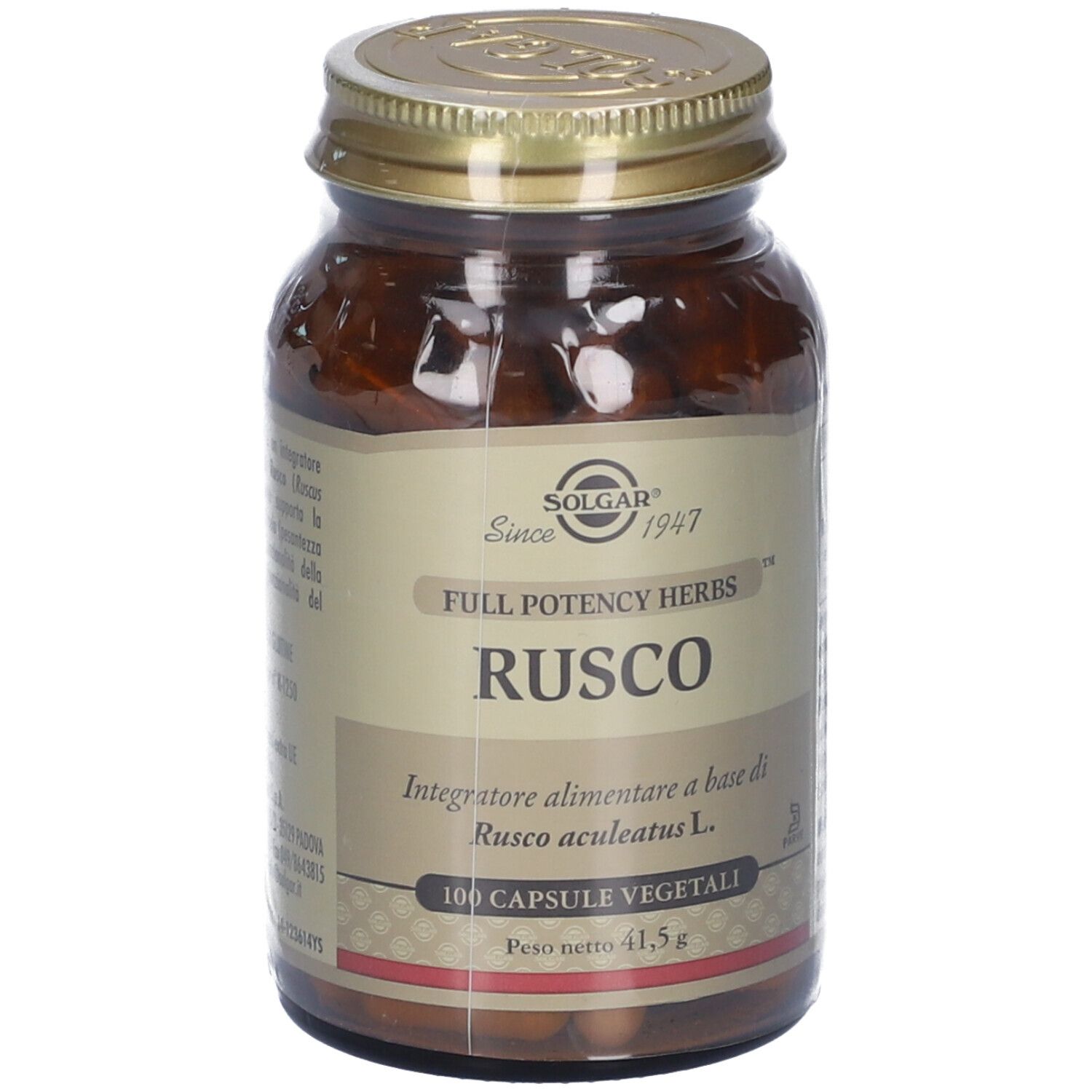 Flacone di vetro marrone con tappo dorato. Etichetta "RUSCO", "100 Capsule Vegetali" e "41,5 g". Marca: Solgar.