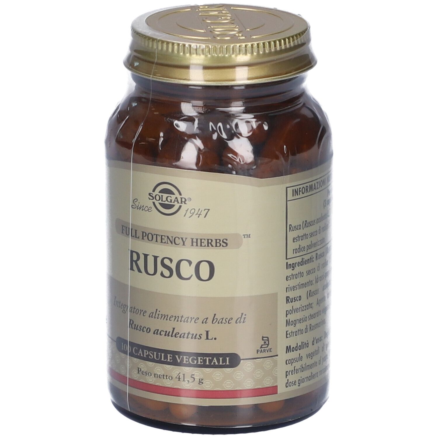 Flacone di vetro marrone con tappo dorato. Etichetta "RUSCO", "100 Capsule Vegetali" e "41,5 g". Marca: Solgar.