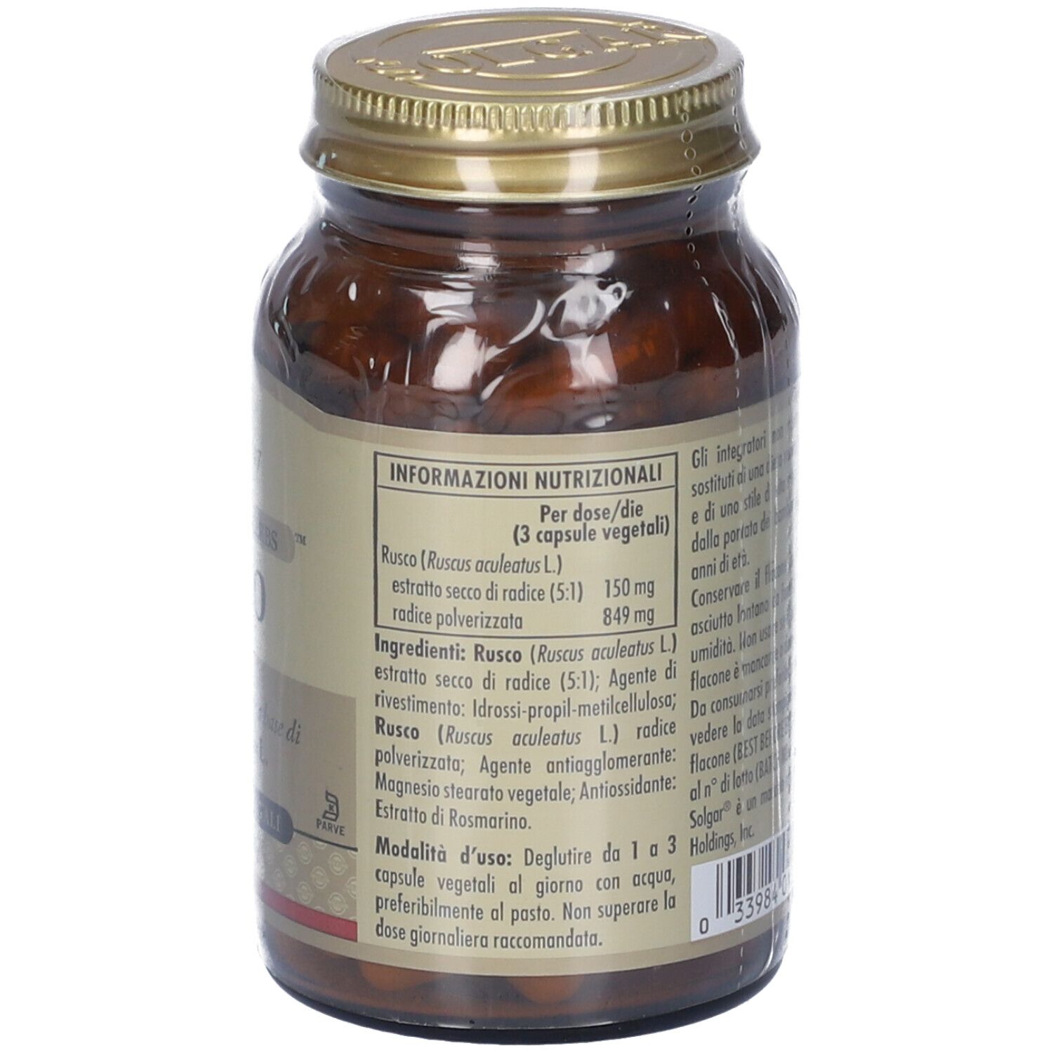 Vista posteriore di un flacone di vetro marrone con tappo dorato. Etichetta con informazioni nutrizionali e ingredienti.