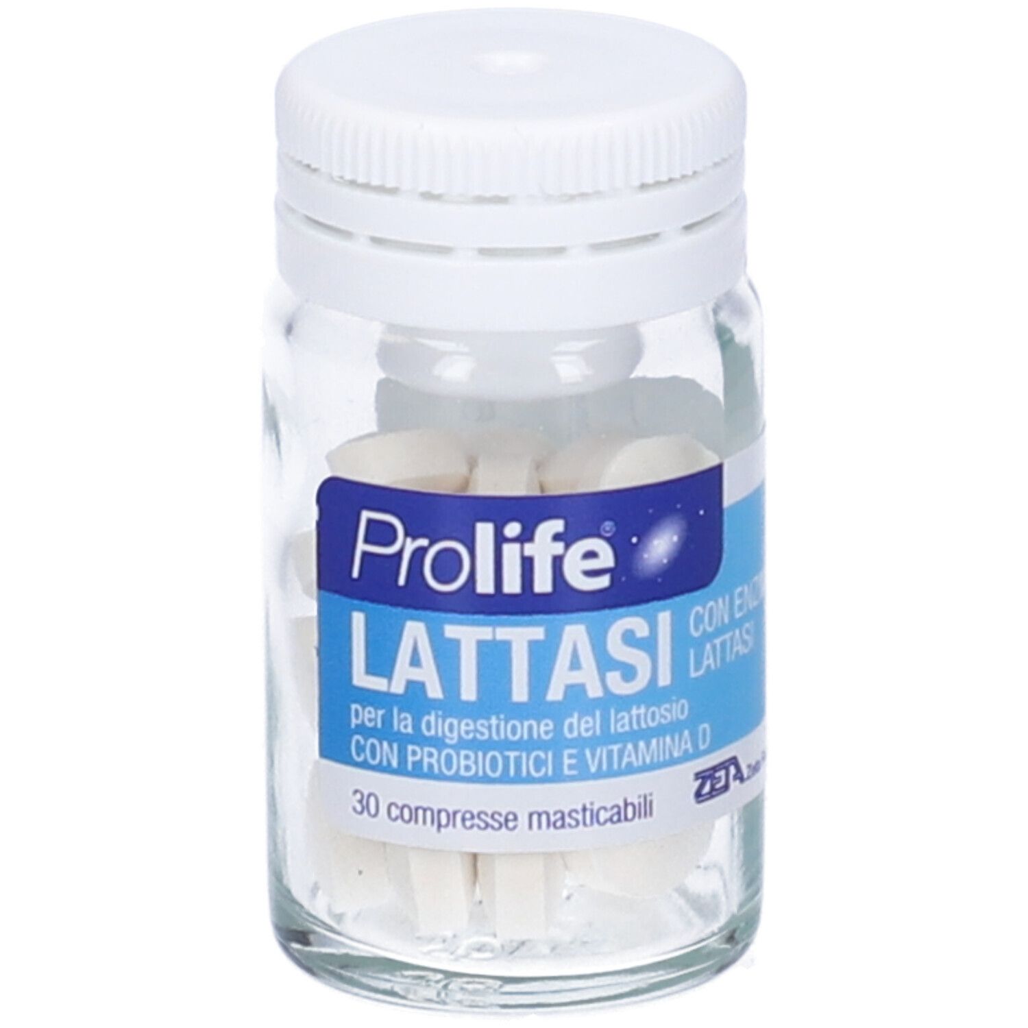 Glasflasche mit weißen Tabletten. Aufschrift: Prolife Lattasi, 30 Kautabletten.