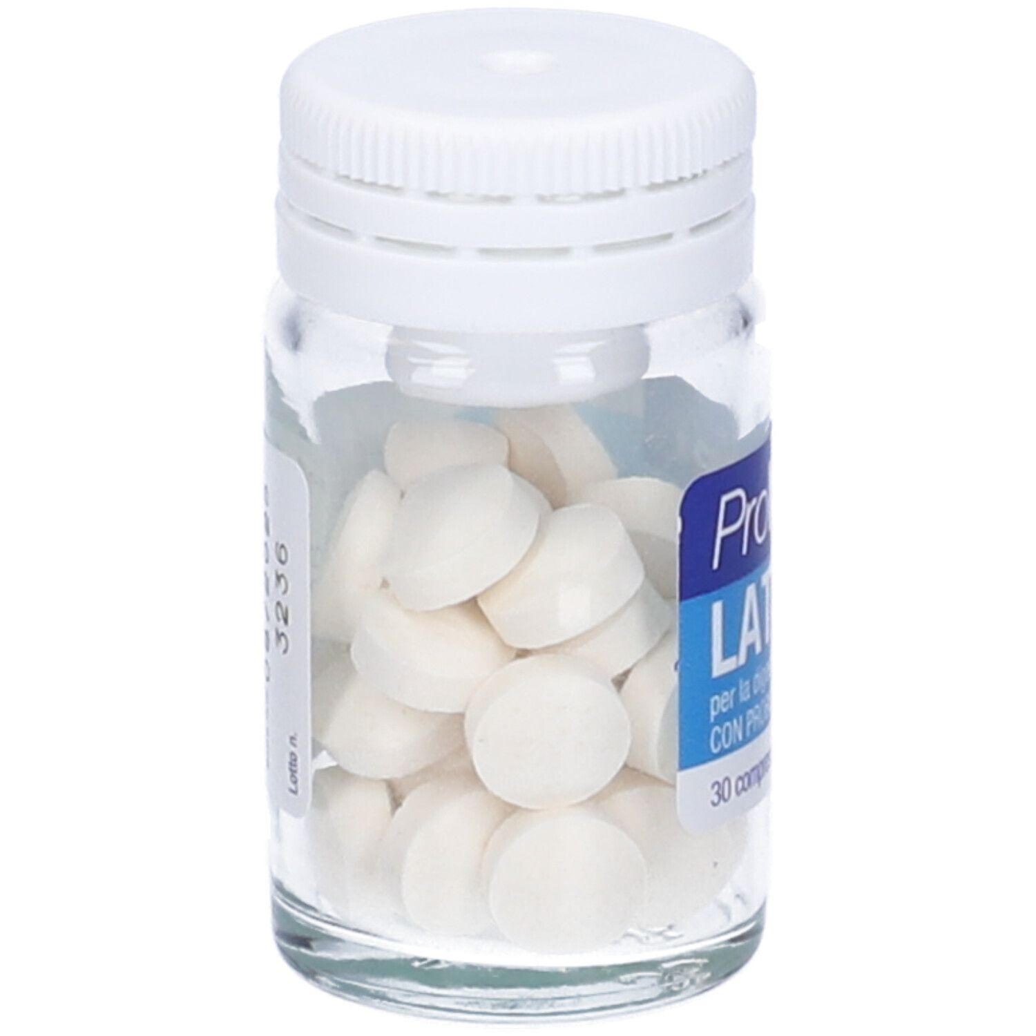 Glasflasche mit weißen Tabletten. Aufschrift: Prolife Lattasi, 30 Kautabletten.