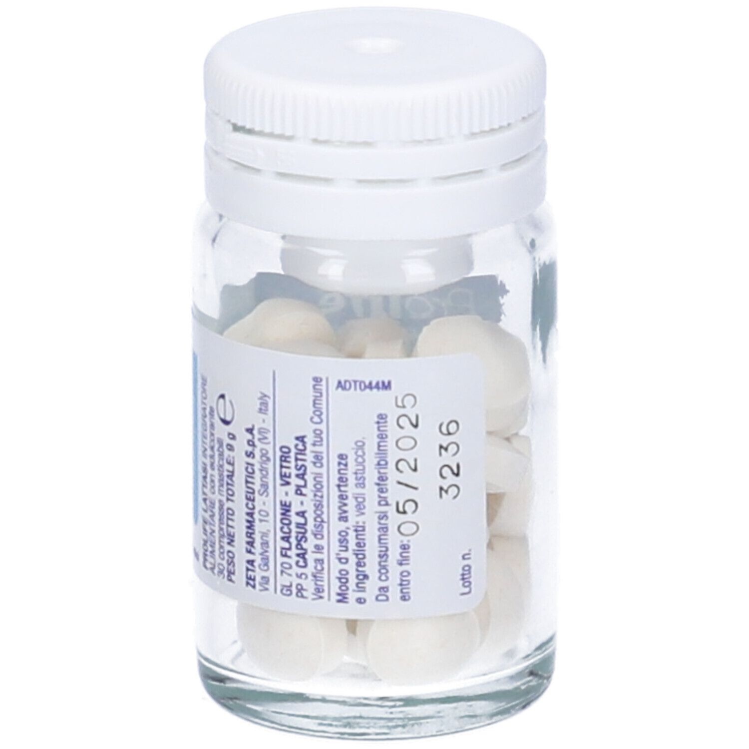 Glasflasche mit weißen Tabletten. Aufschrift: Prolife Lattasi, 30 Kautabletten.