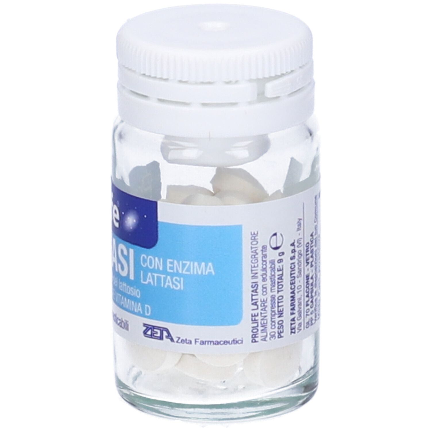Glasflasche mit weißen Tabletten. Aufschrift: Prolife Lattasi, 30 Kautabletten.