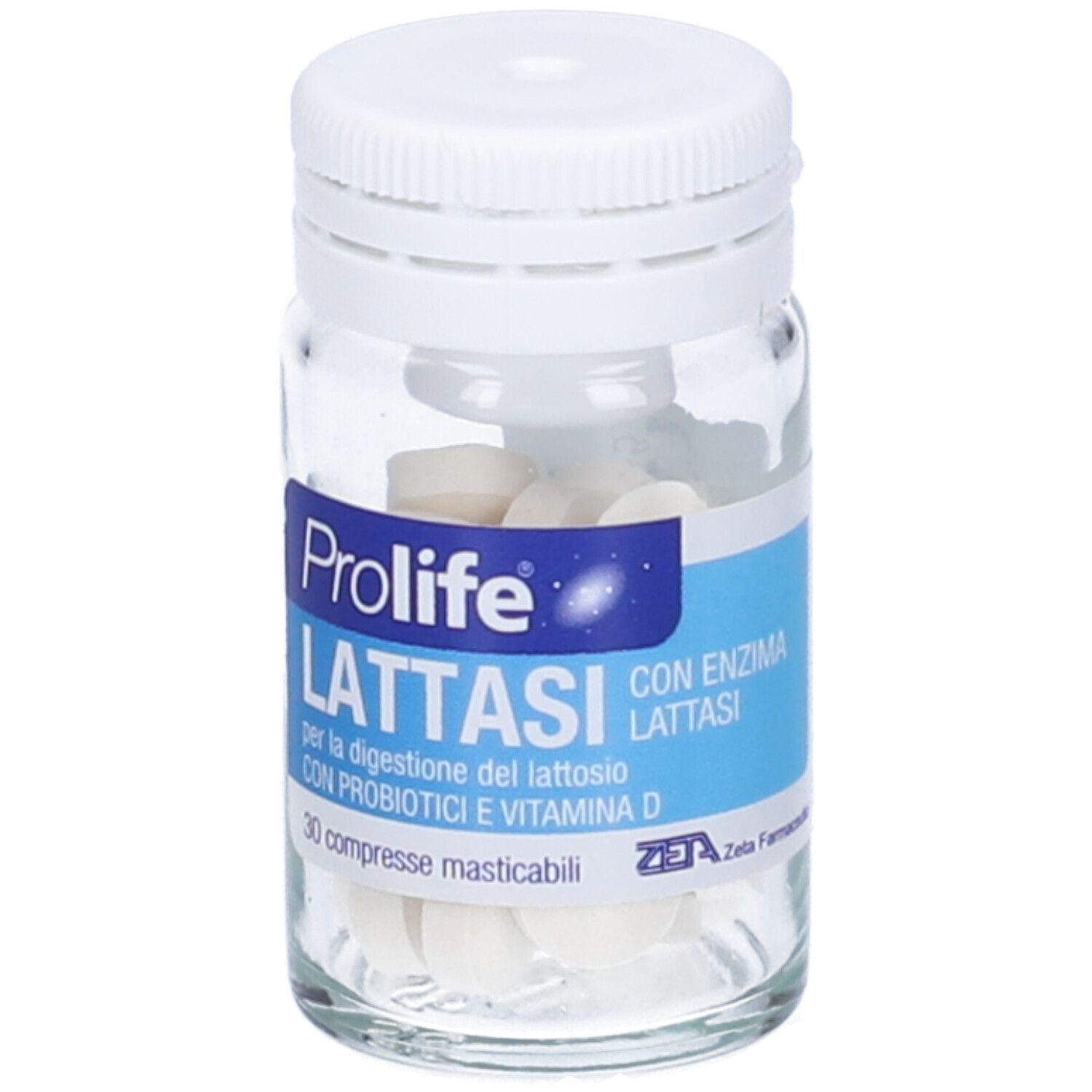 Glasflasche mit weißen Tabletten. Aufschrift: Prolife Lattasi, 30 Kautabletten.