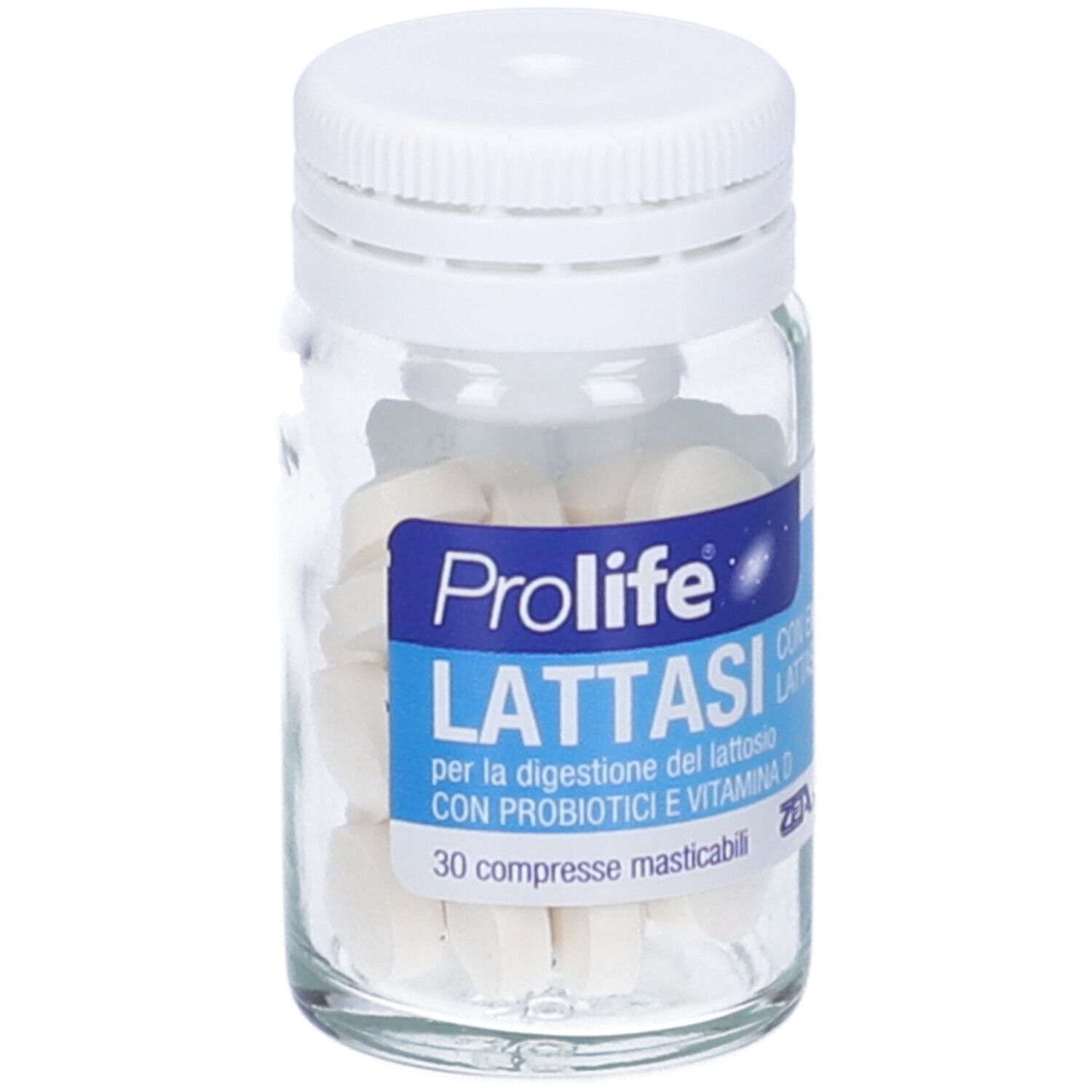 Glasflasche mit weißen Tabletten. Aufschrift: Prolife Lattasi, 30 Kautabletten.