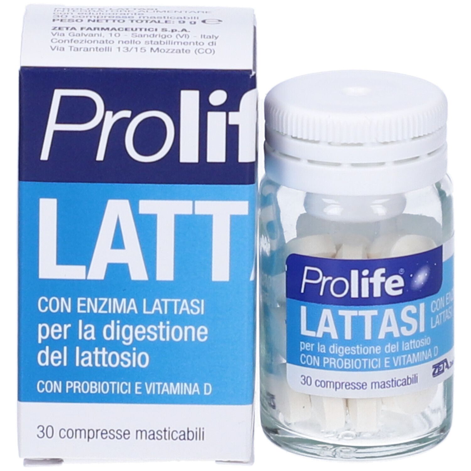 Produktverpackung und Flasche mit Tabletten. Aufschrift: Prolife Lattasi, 30 Kautabletten.