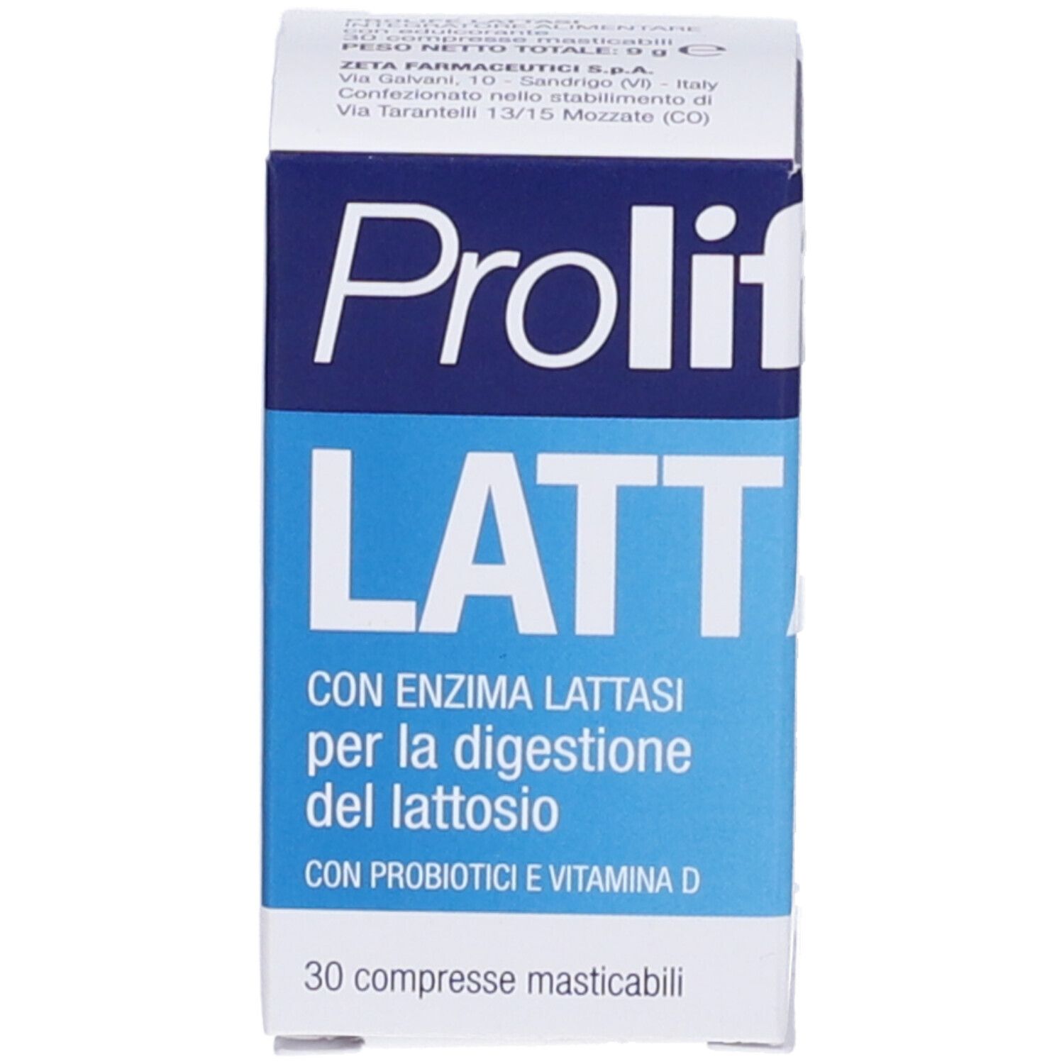 Produktverpackung. Aufschrift: Prolife Lattasi, 30 Kautabletten.