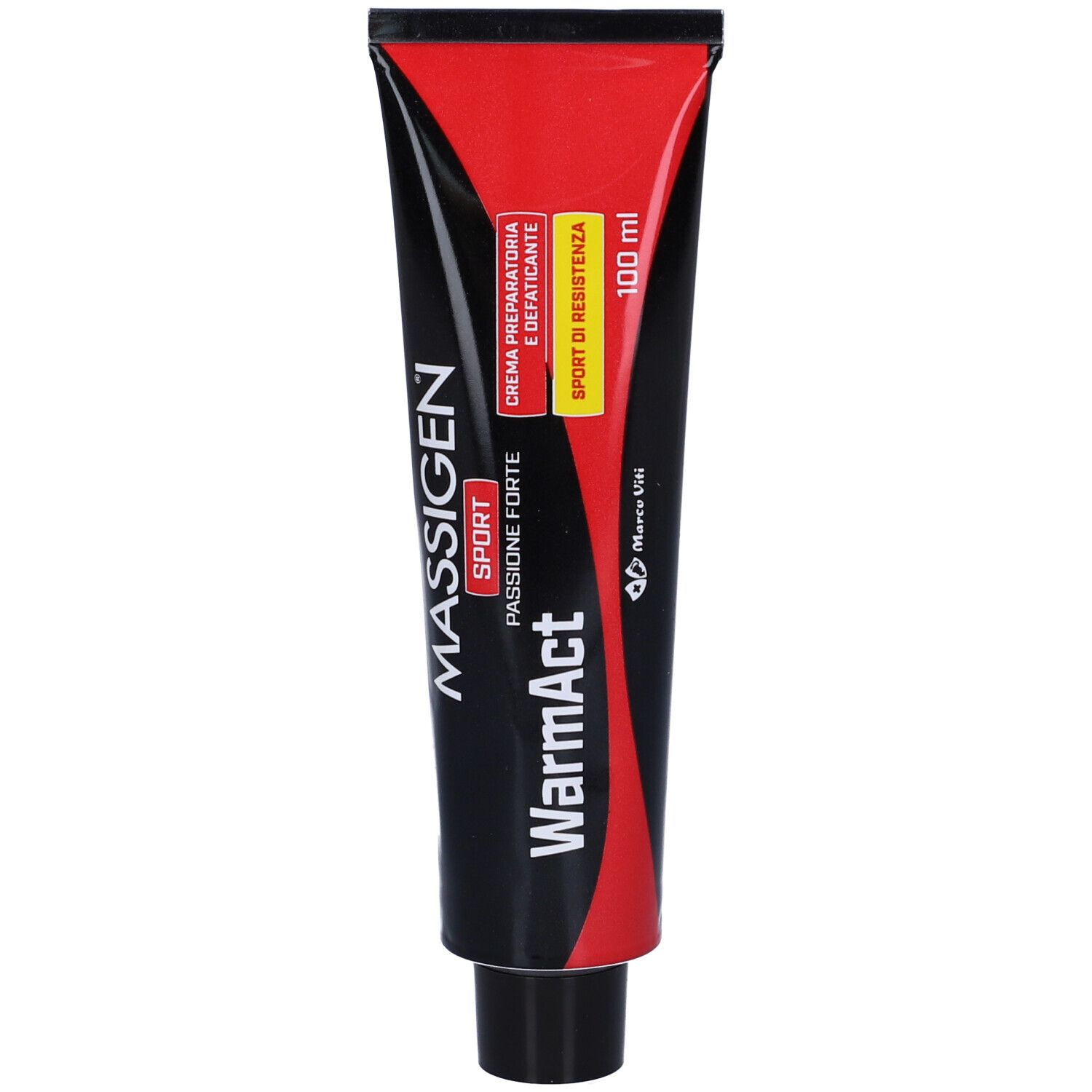 Tubo rosso e nero con testo bianco. Contiene "Massigen Sport WarmAct". 100 ml. Tappo nero.